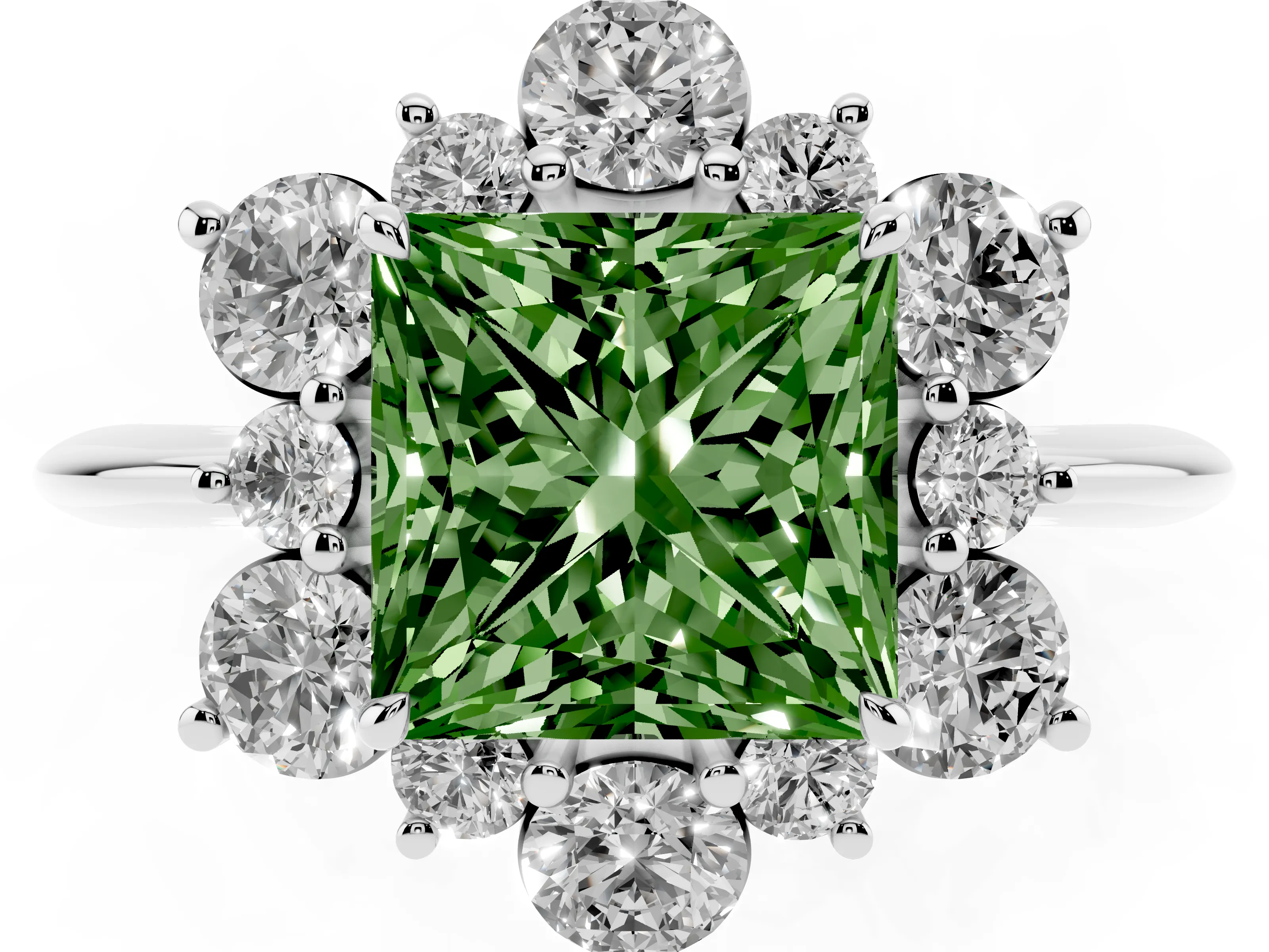 Fancy Green Princess Cut Diamond Cluster Halo Ring Set in Silver with Solitaire Band and Prong Setting