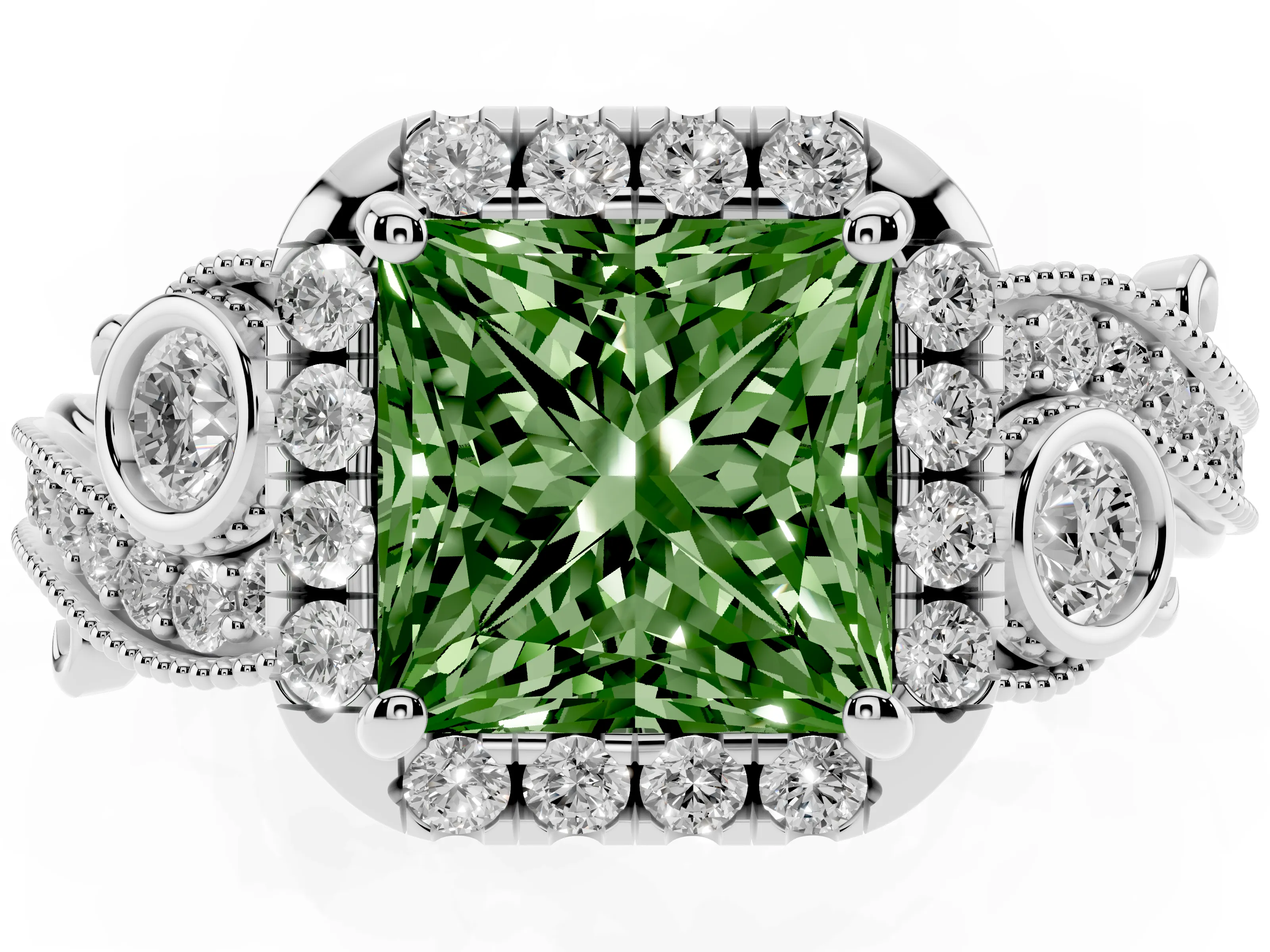 Fancy Green Princess Cut Diamond Halo Split Shank Ring Set in Silver with Milgrain and Bezel Accents