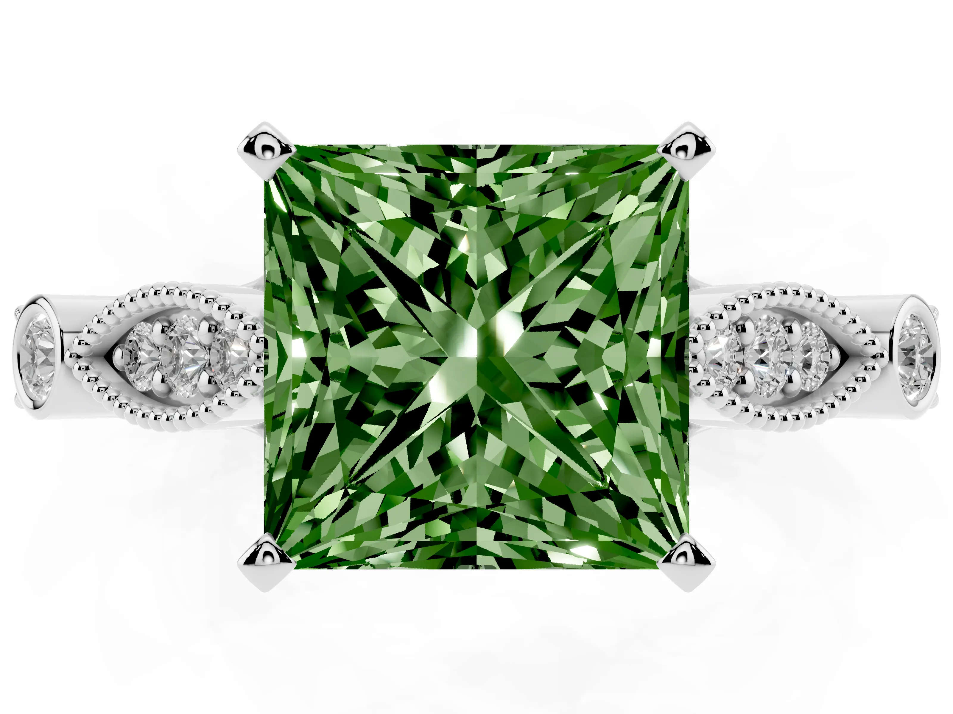 Fancy Green Princess Cut Diamond Solitaire Ring Set in Platinum with Milgrain Marquise and Bezel Accents