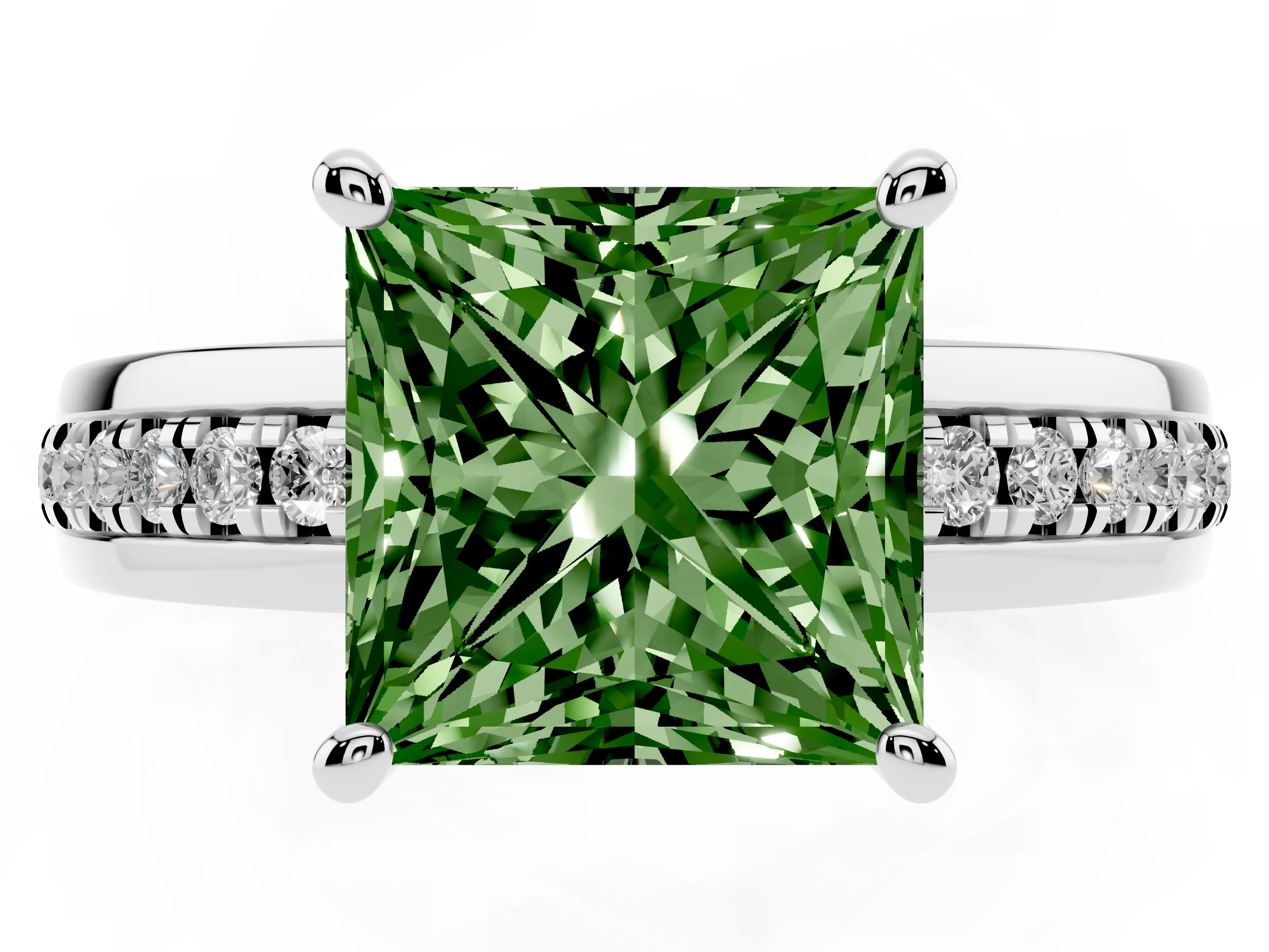 Fancy Green Princess Cut Diamond Solitaire Ring Set in White gold with Channel Set Band and Prong Setting