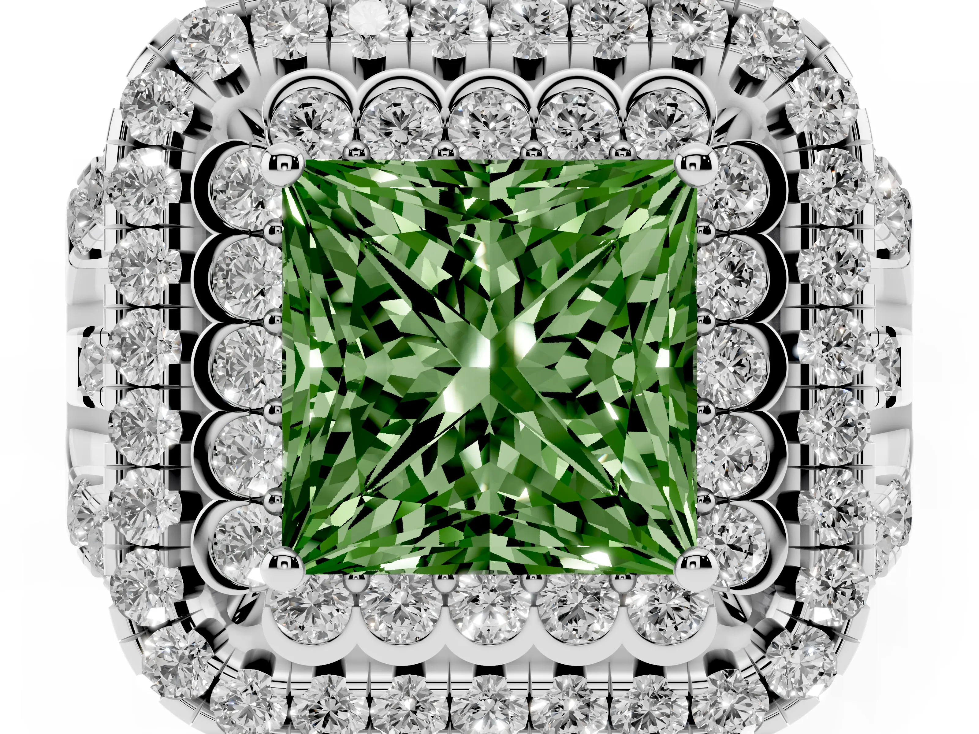 Fancy Green Princess Cut Diamond Double Halo Ring Set in White gold with Round Pavé Split Shank