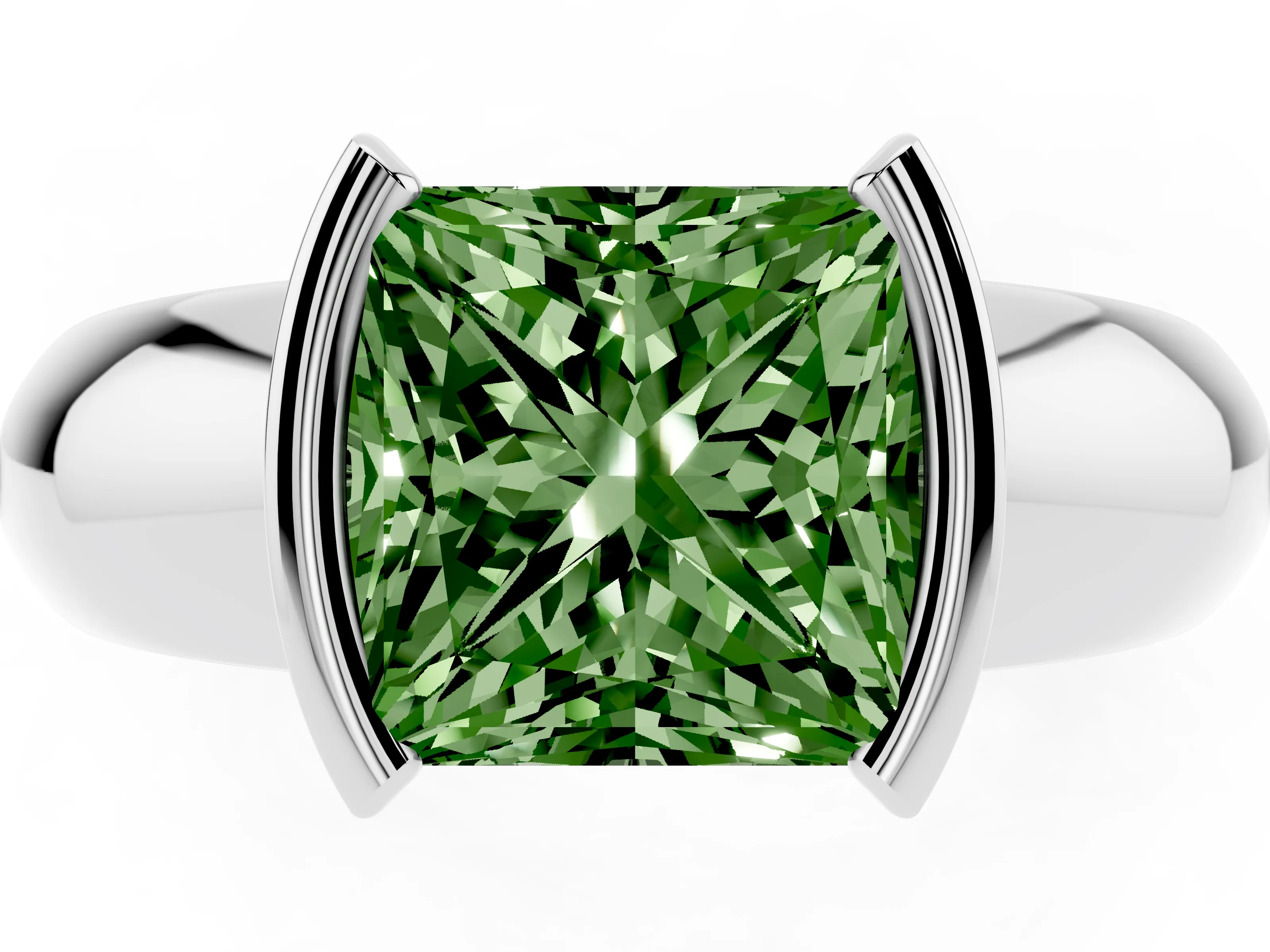Fancy Green Princess Cut Diamond Solitaire Tension Set Ring Set in White gold with Wide Band