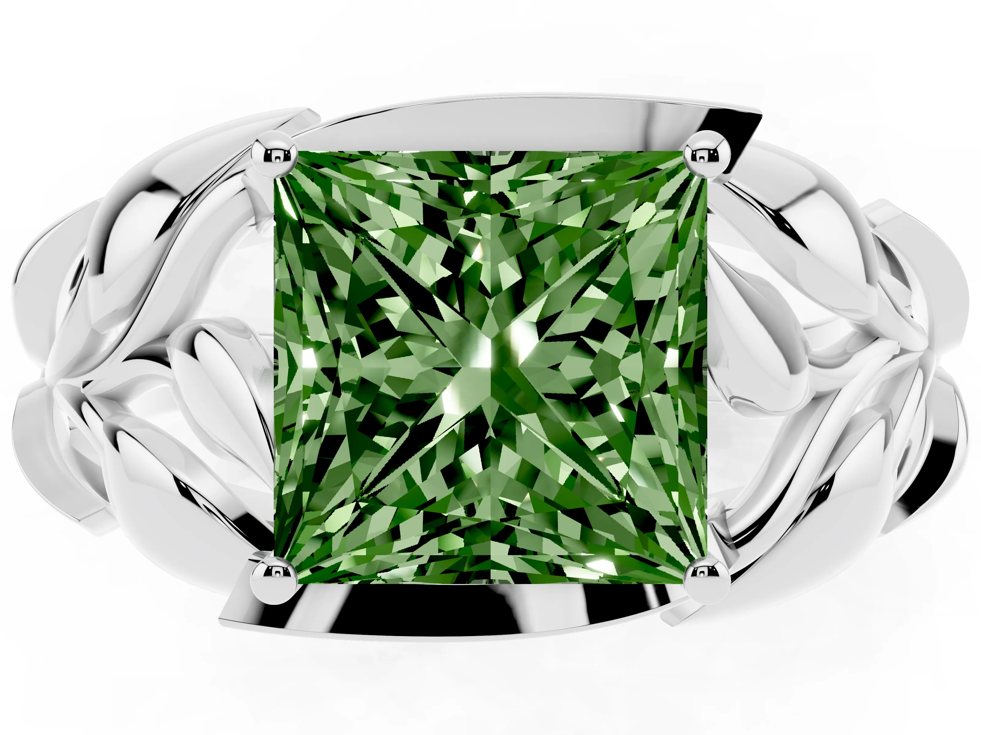 Fancy Green Princess Cut Diamond Leaf-Inspired Engagement Ring Set in Platinum with Round Accents
