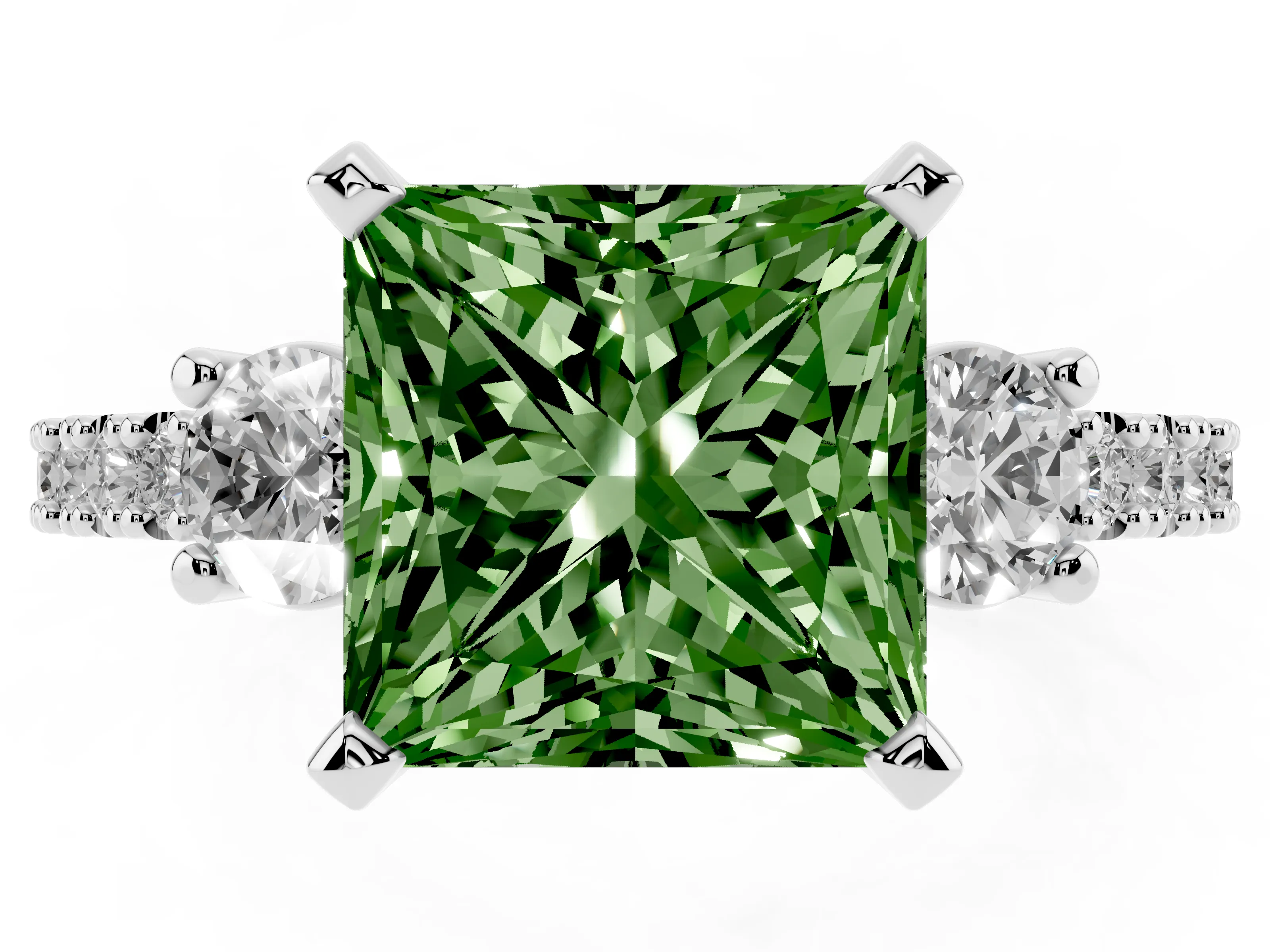 Fancy Green Three-Stone Princess Cut Diamond Pavé Band Ring Set in Silver with Prong Setting