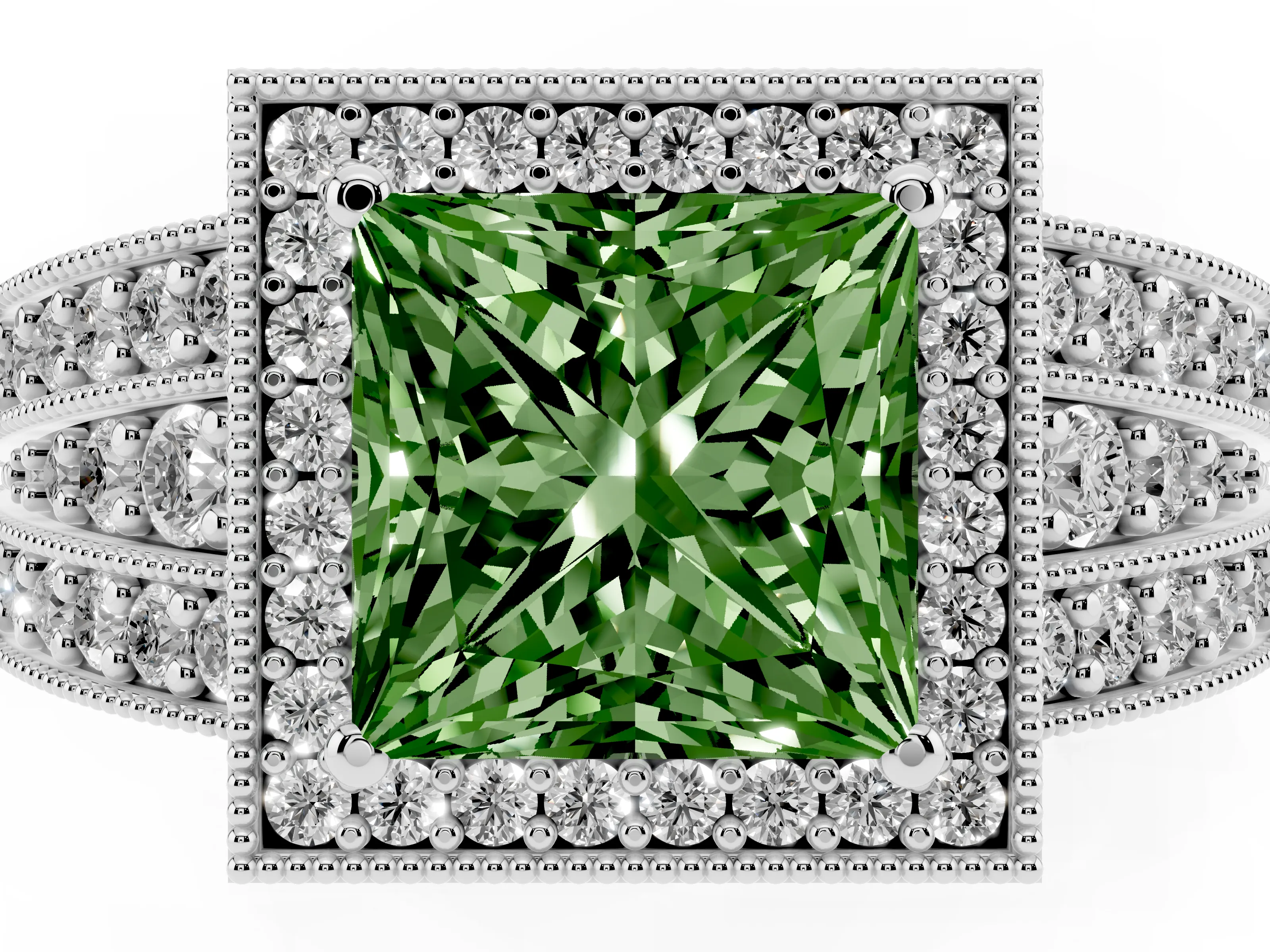 Fancy Green Princess Cut Diamond Halo Ring Set in White gold with Accent Split Shank and Prong Setting