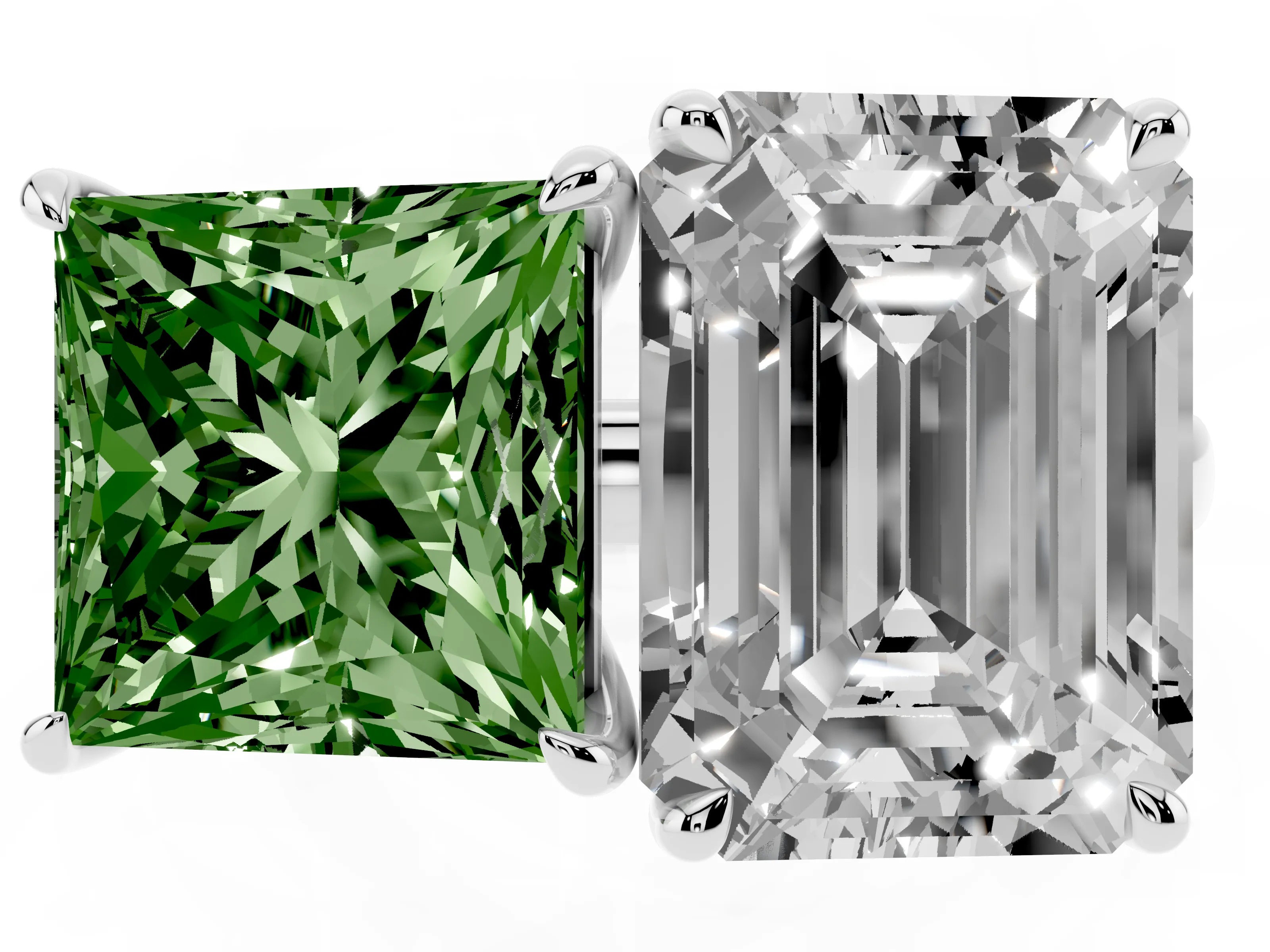 Fancy Green Princess Cut and Emerald Cut Toi Moi Ring Set in Silver with Prong Setting