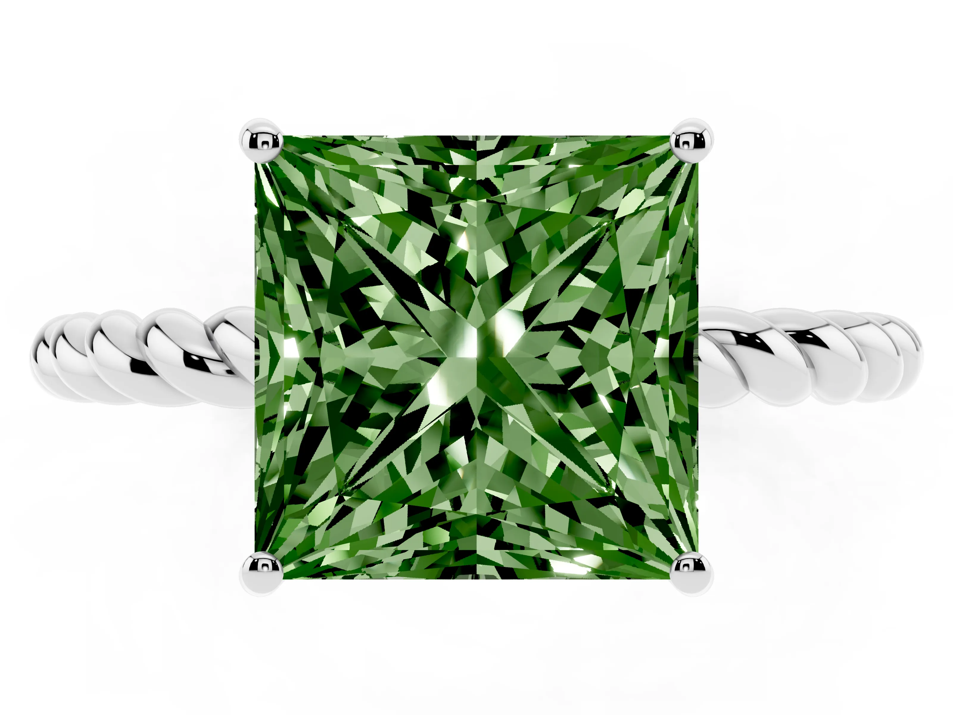 Fancy Green Princess Cut Diamond Solitaire Ring Set in White gold with Twist Band and Prong Setting