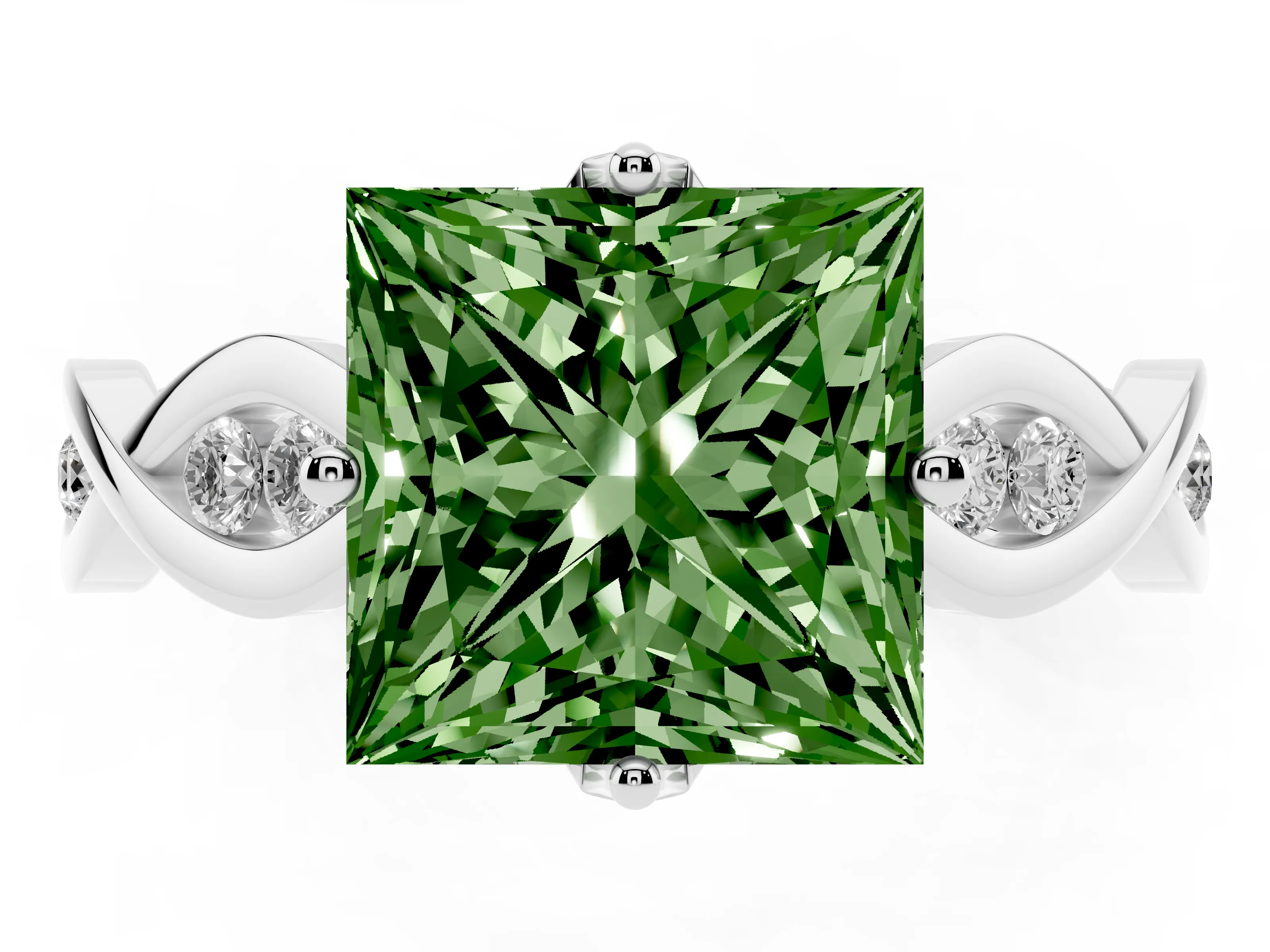 Fancy Green Princess Cut Diamond Twist Band Solitaire Ring Set in White gold with Leaf Prong Setting and Accent Stones