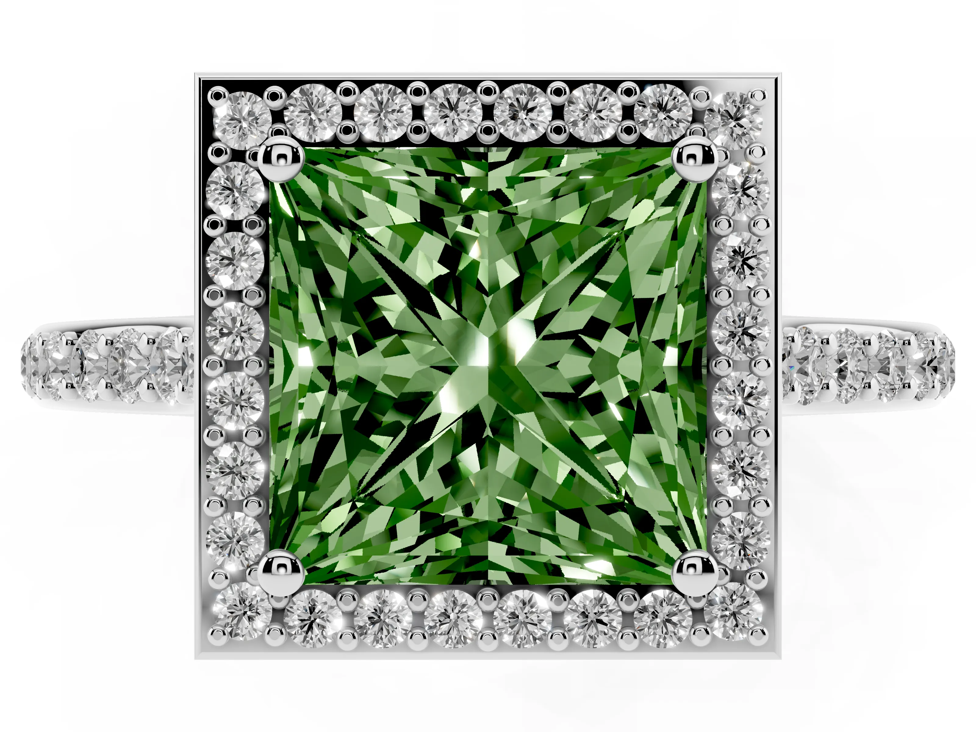 Fancy Green Princess Cut Diamond Halo Engagement Ring Set in Silver with Round Pavé Shoulders and Heart Gallery