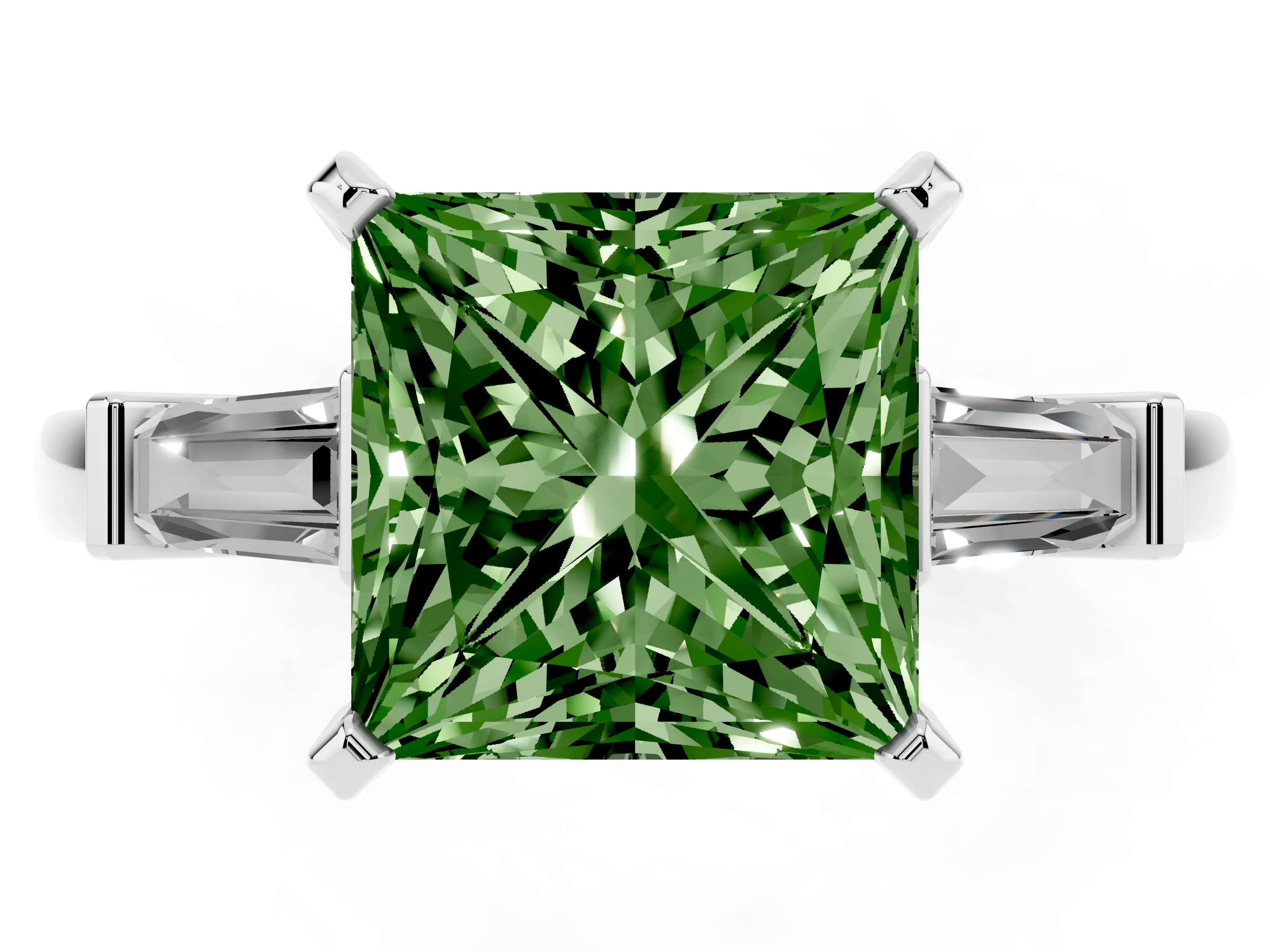 Fancy Green Princess Cut Diamond Solitaire Ring Set in White gold with Tapered Baguette Accents and Prong Setting