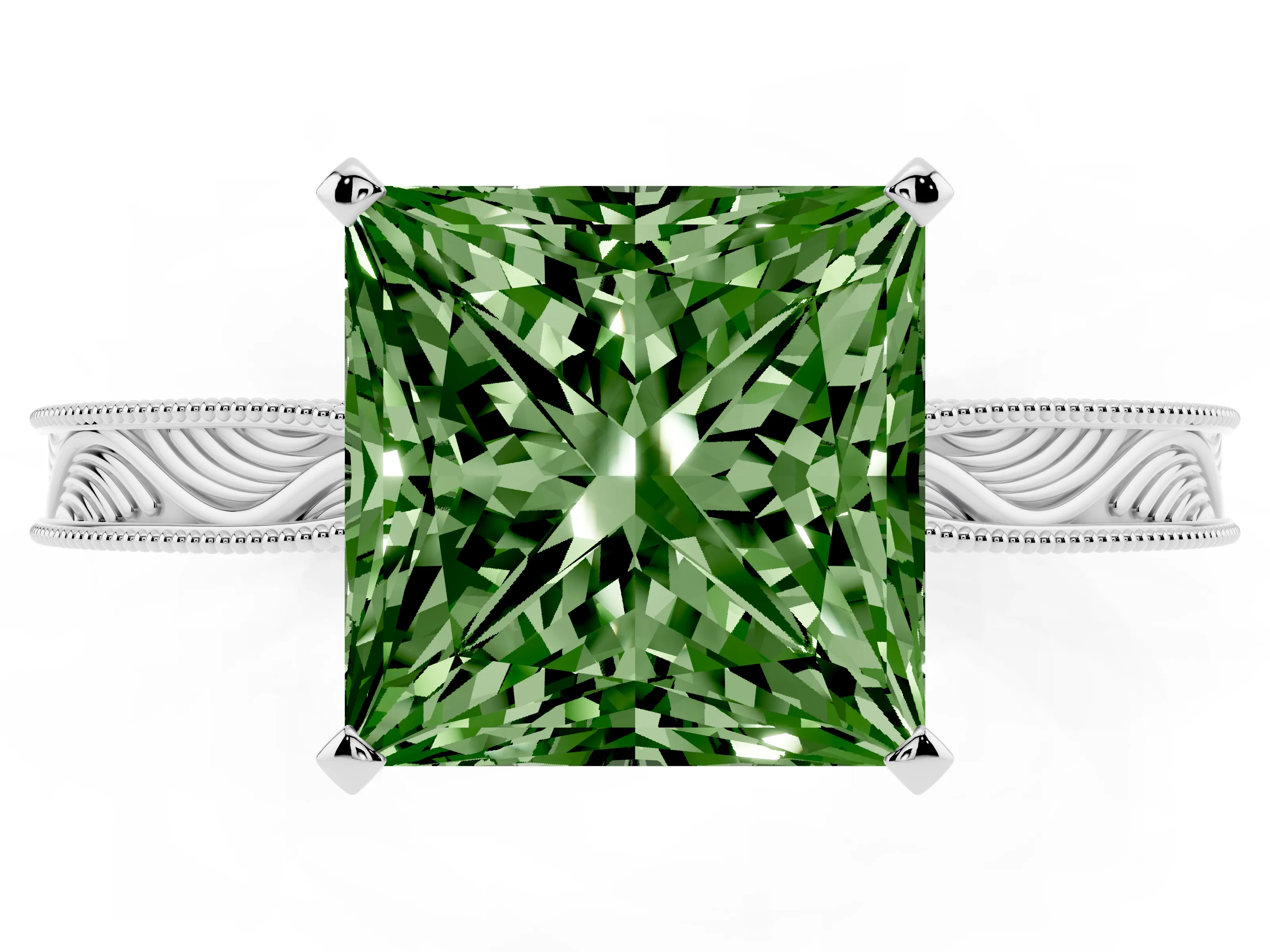 Fancy Green Princess Cut Diamond Solitaire Milgrain Engraved Band Set in Silver with Prong Setting