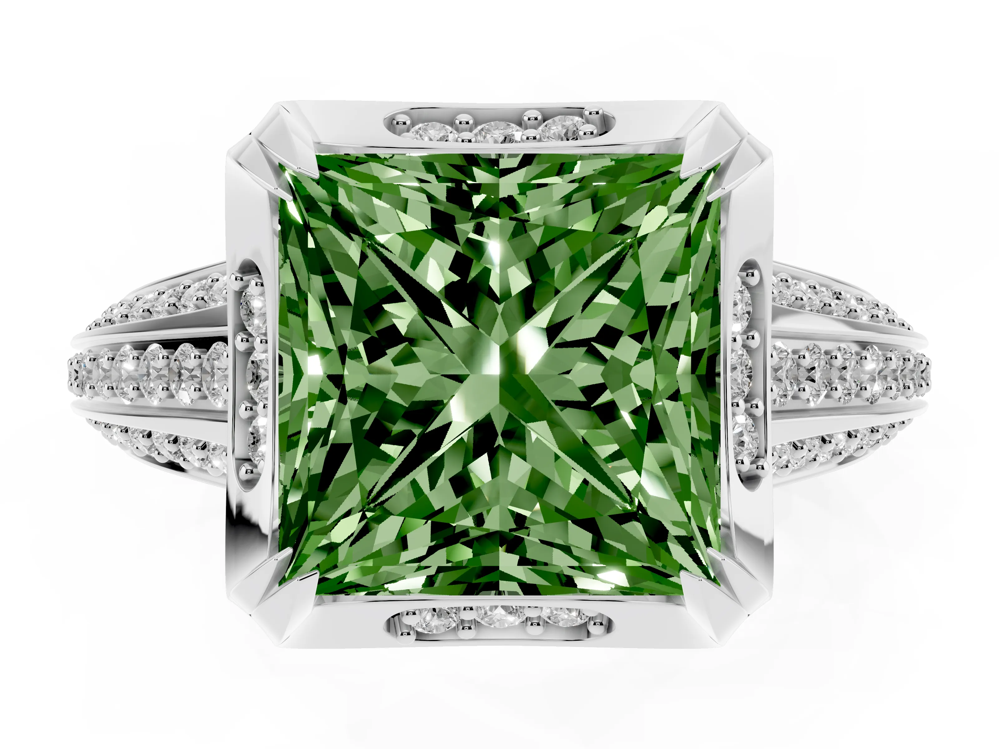 Fancy Green Princess Cut Diamond Pavé Split Shank Solitaire Ring Set in Platinum with Prong Setting