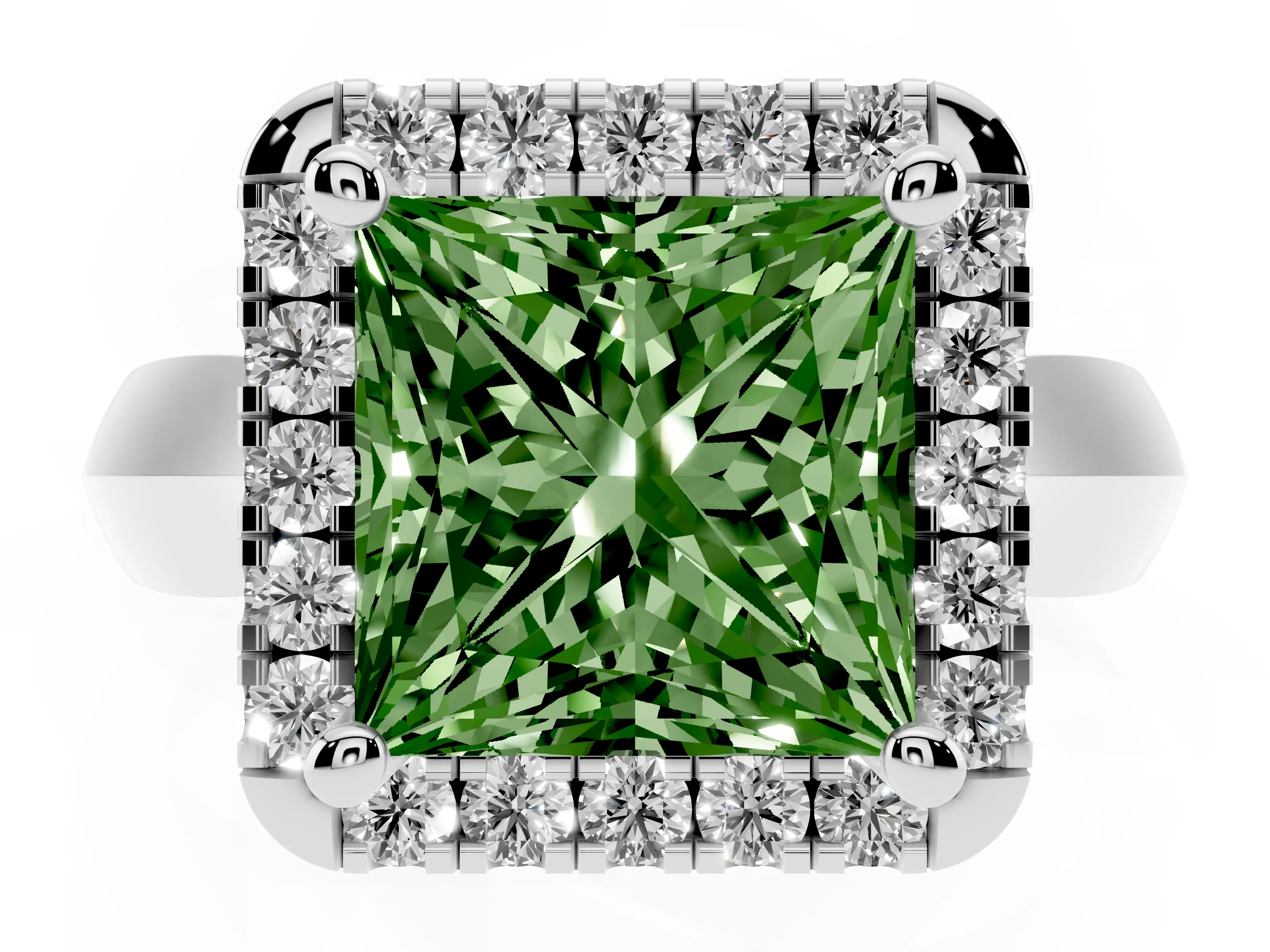 Fancy Green Princess Cut Diamond Halo Solitaire Engagement Ring Set in White gold with Square Band and Prong Setting