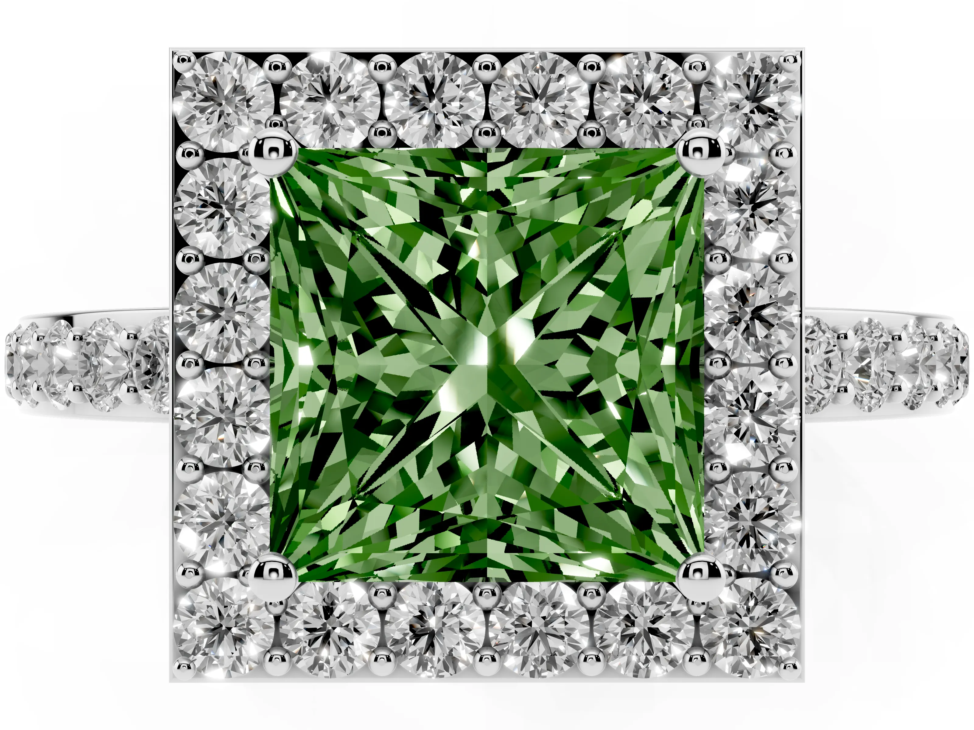 Fancy Green Princess Cut Diamond Halo Ring Set in Silver with Pavé-Setting Band and Open Prong Center