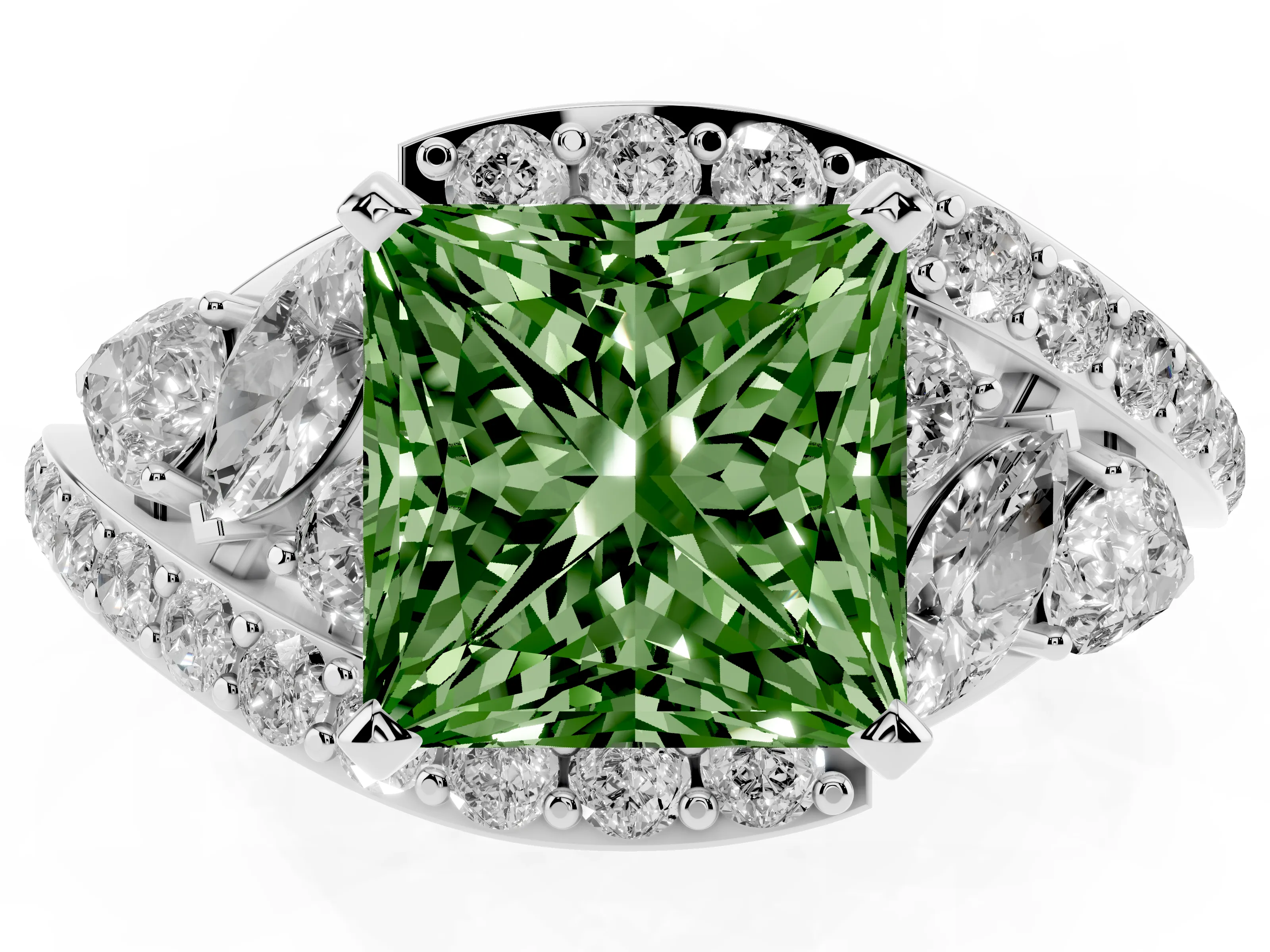 Fancy Green Princess Cut Diamond Halo Ring Set in Platinum with Marquise and Pavé Band in Prong Setting
