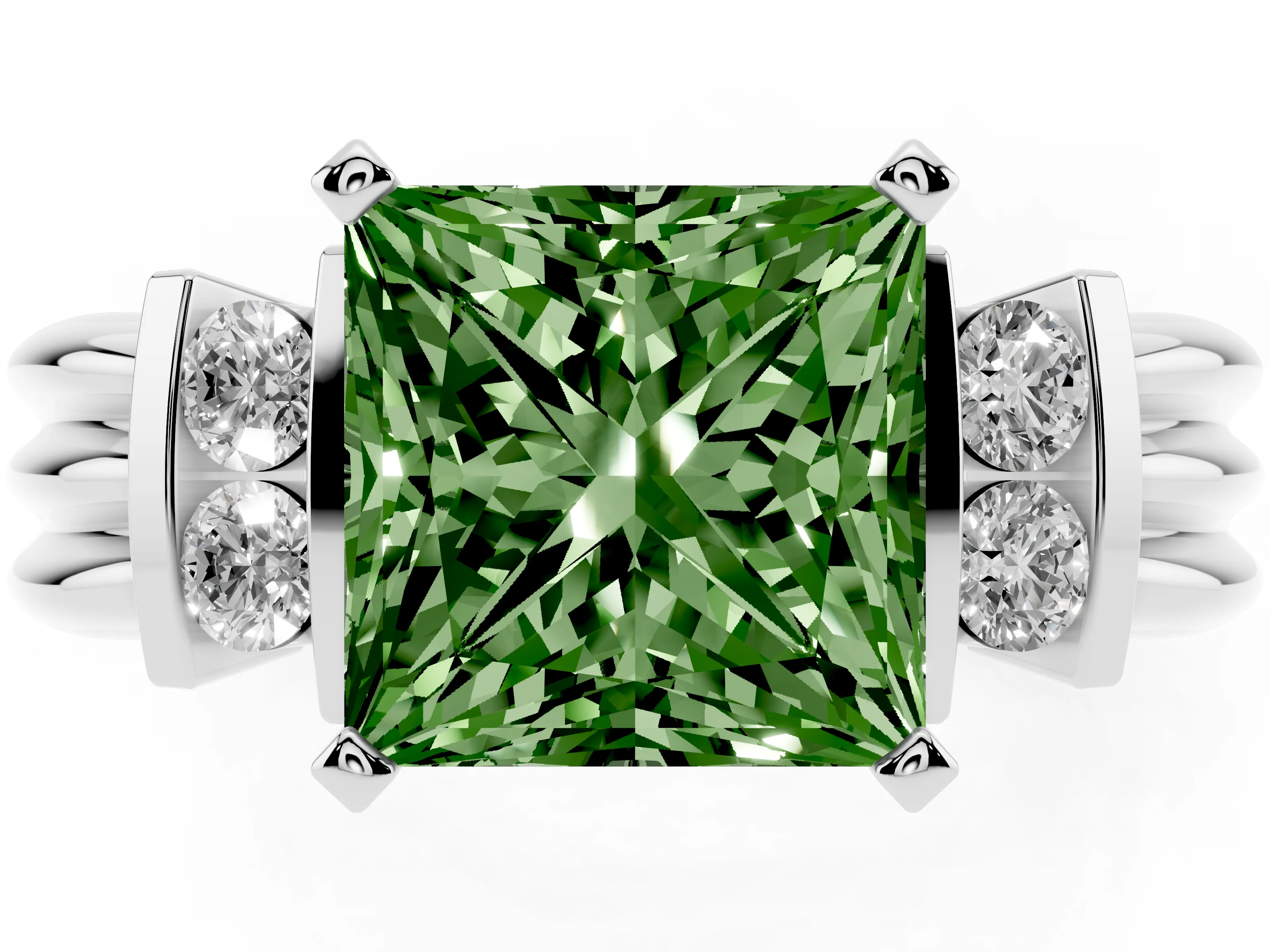 Fancy Green Three-Stone Princess Cut Diamond Channel Set Ring Set in Silver with Bar Prongs
