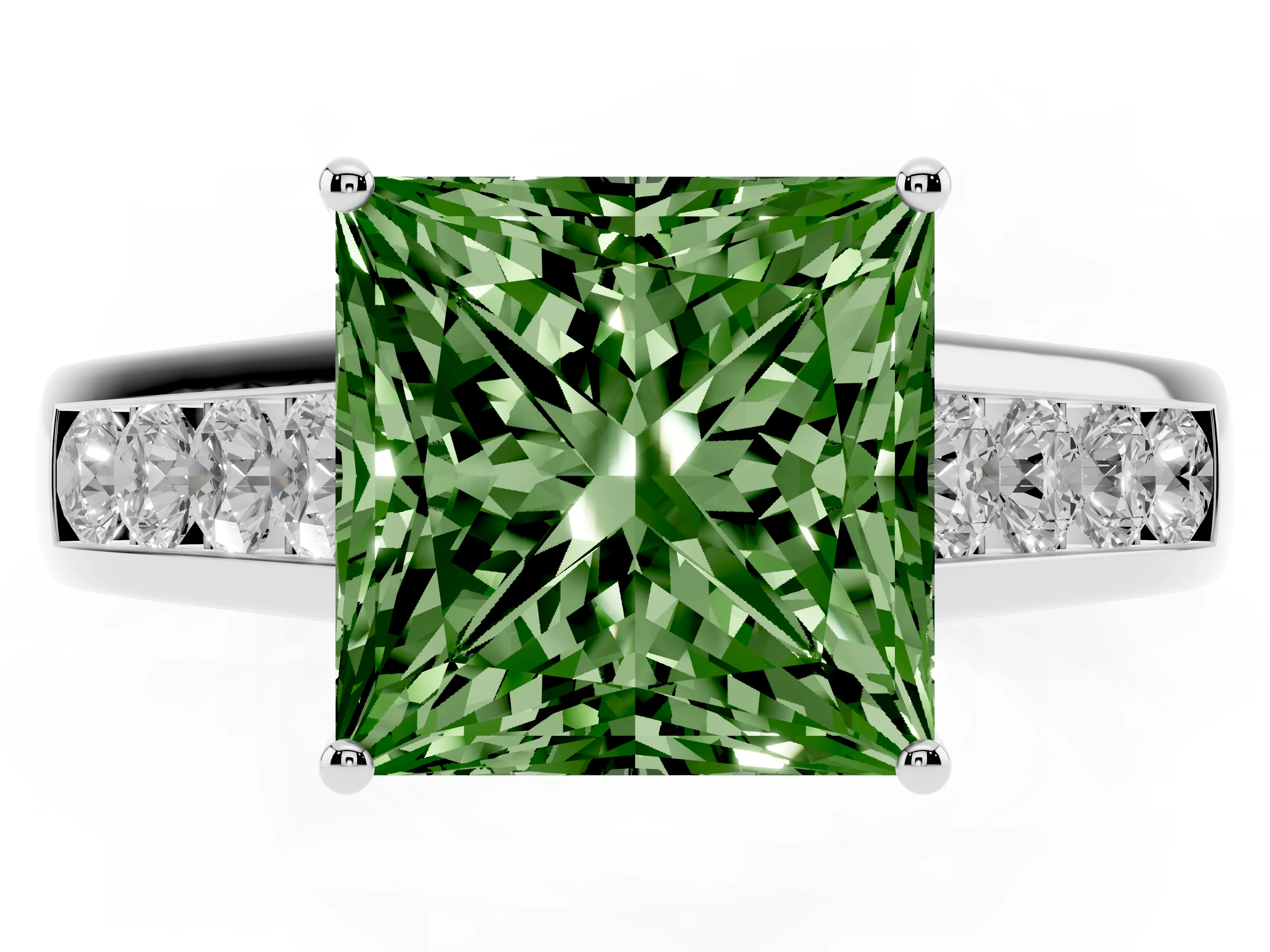 Fancy Green Princess Cut Diamond Solitaire Channel-Set Engagement Ring Set in Silver with Prong Setting