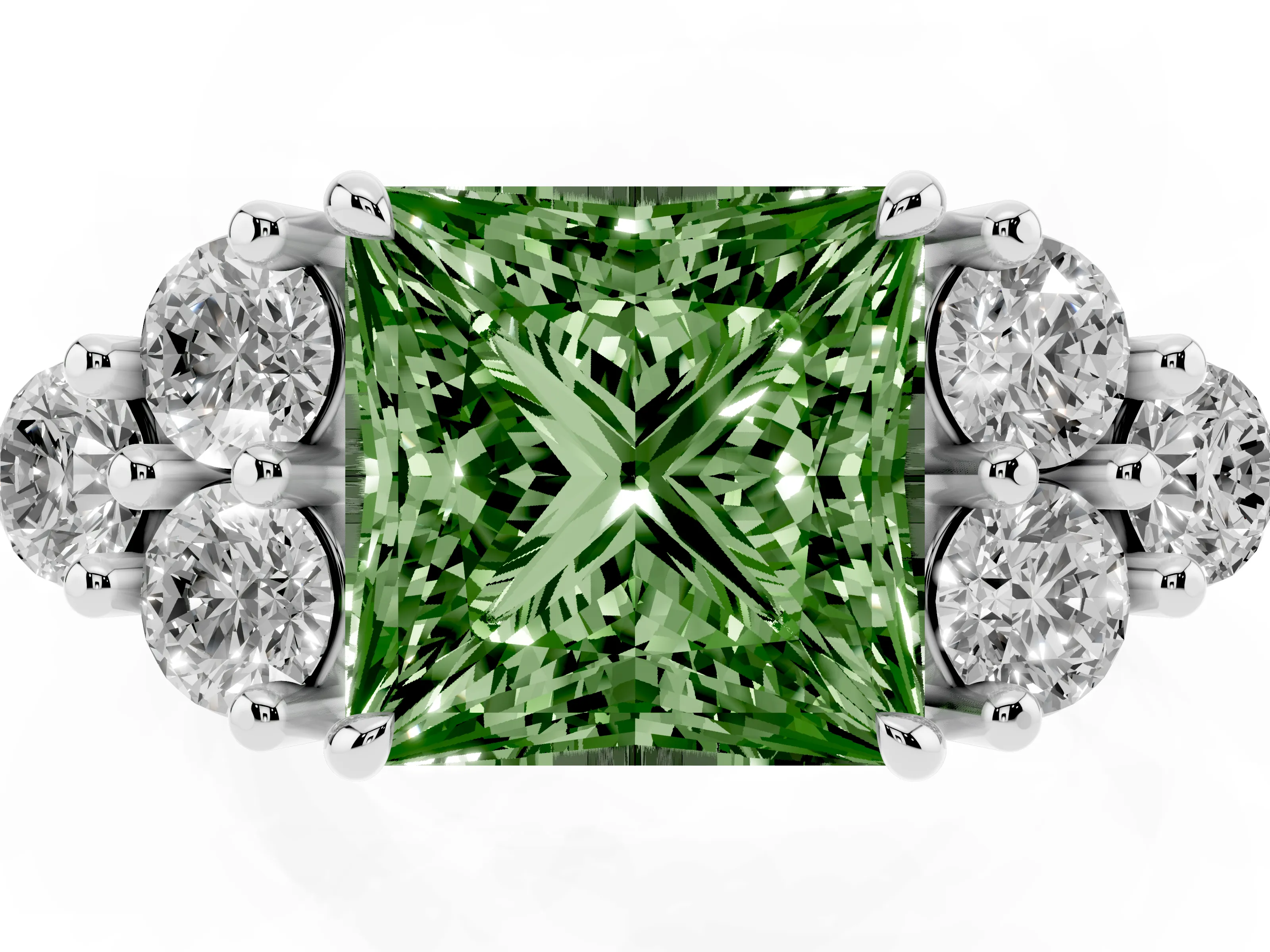 Fancy Green Princess Cut Diamond Solitaire Ring Set in Platinum with Cluster Accents on Each Side
