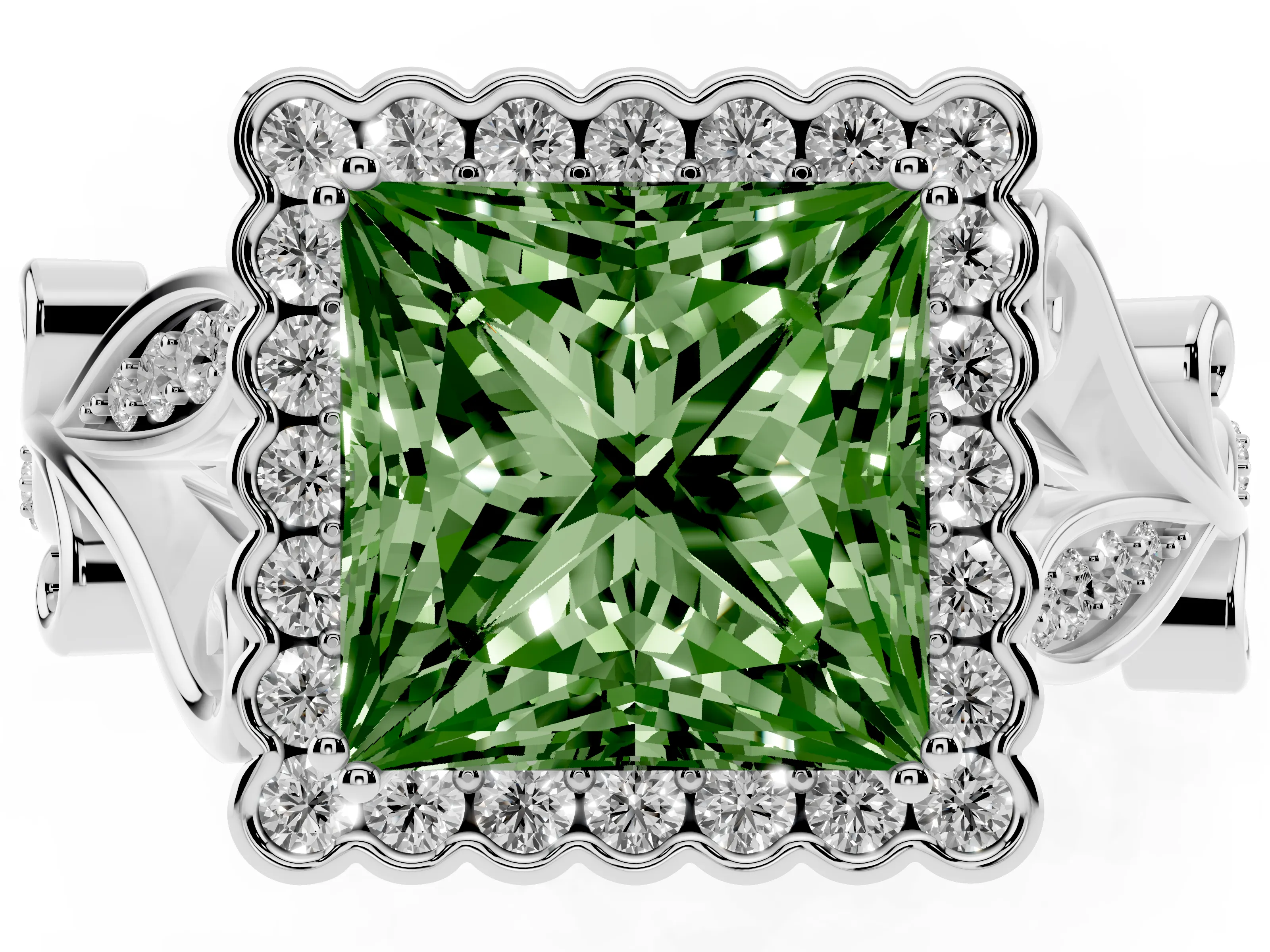 Fancy Green Princess Cut Diamond Halo Ring Set in White gold with Leaf Motif Split Shank and Prong Setting