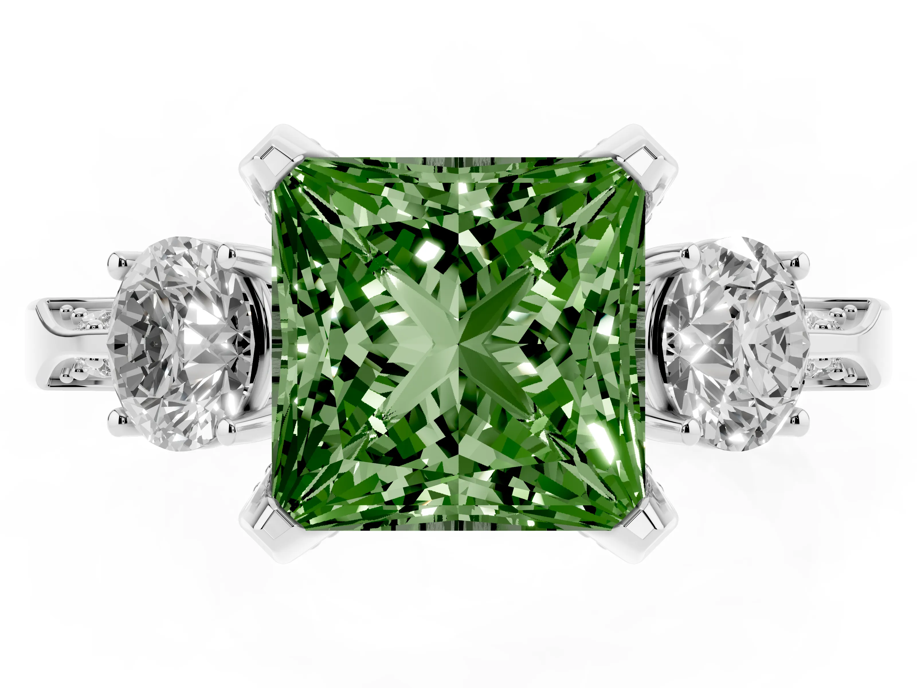 Fancy Green Princess Cut Diamond Three-Stone Ring Set in Silver with Pavé Band and Smaller Side Stones