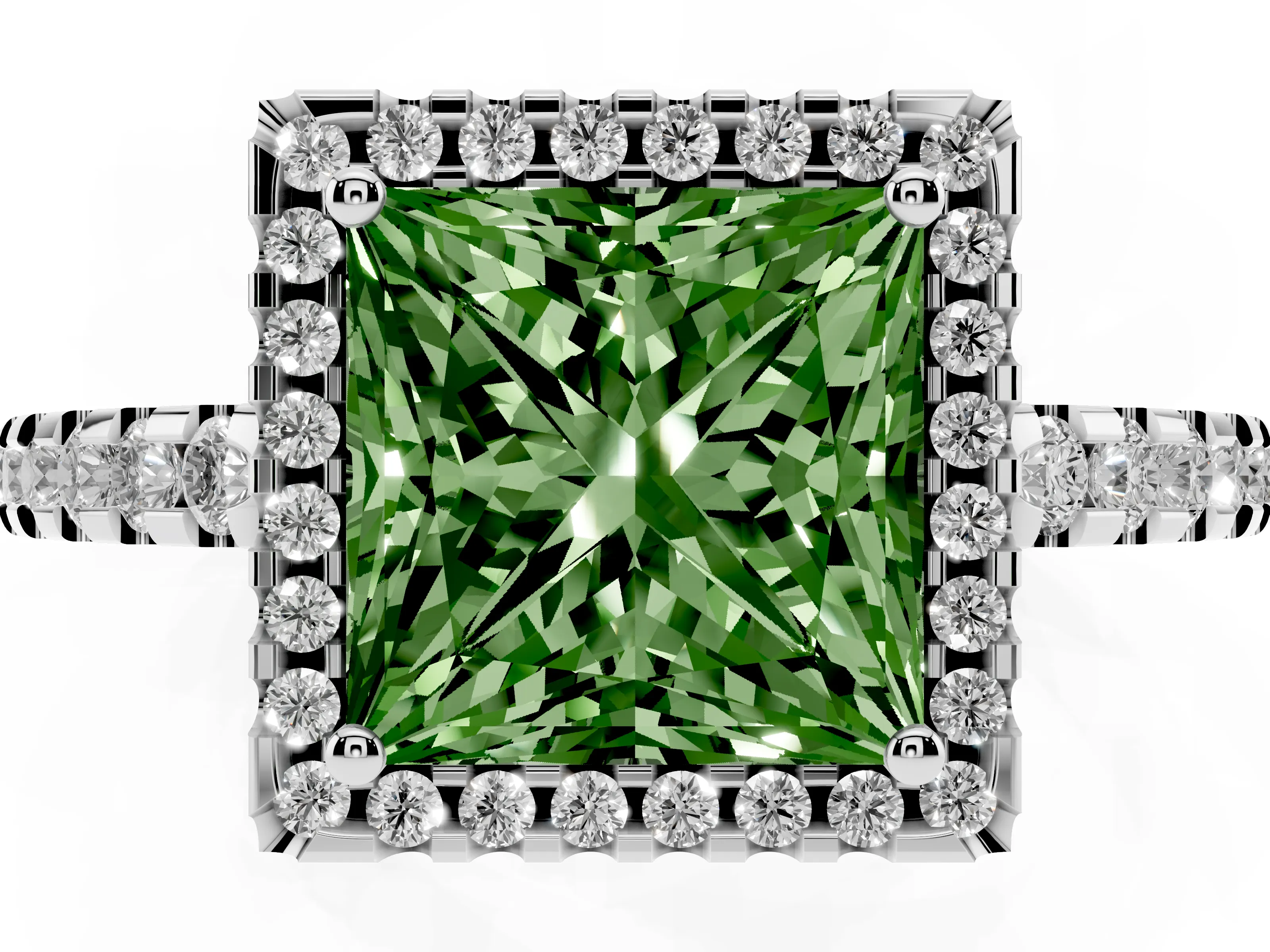 Fancy Green Princess Cut Diamond Halo Ring Set in Silver with Pavé Shoulders and Halo-Framed Center