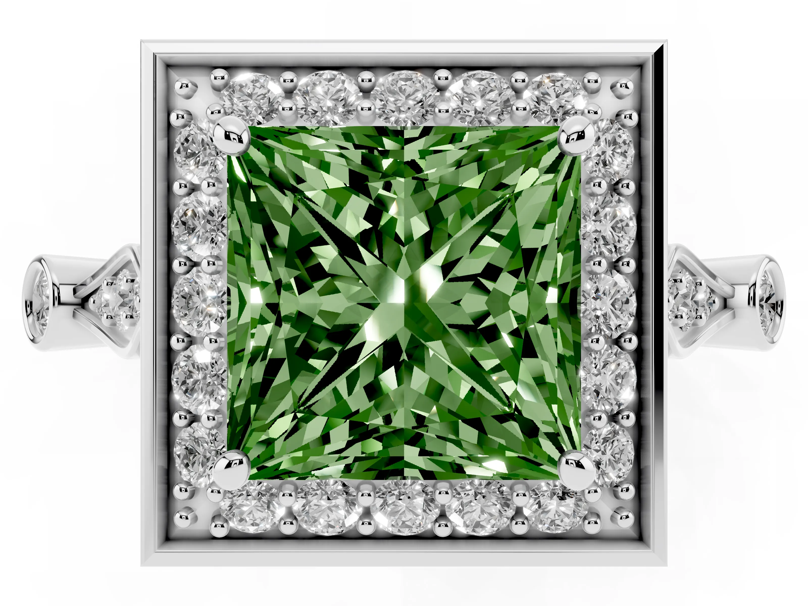 Fancy Green Princess Cut Diamond Halo Engagement Ring Set in Platinum with Twisted Band and Prong Setting