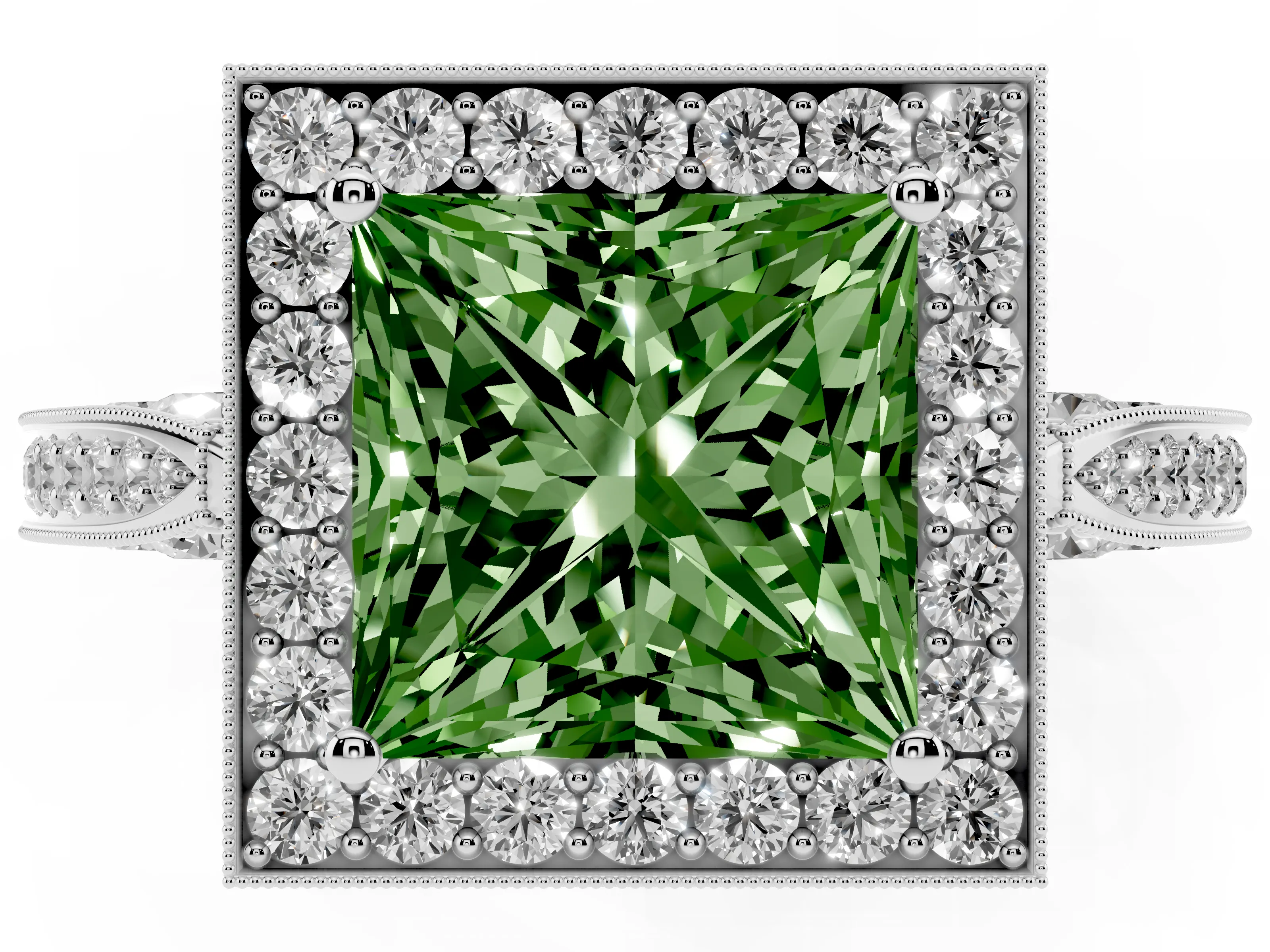 Fancy Green Princess Cut Diamond Halo Engagement Ring Set in Silver with Accent Split Shank Band