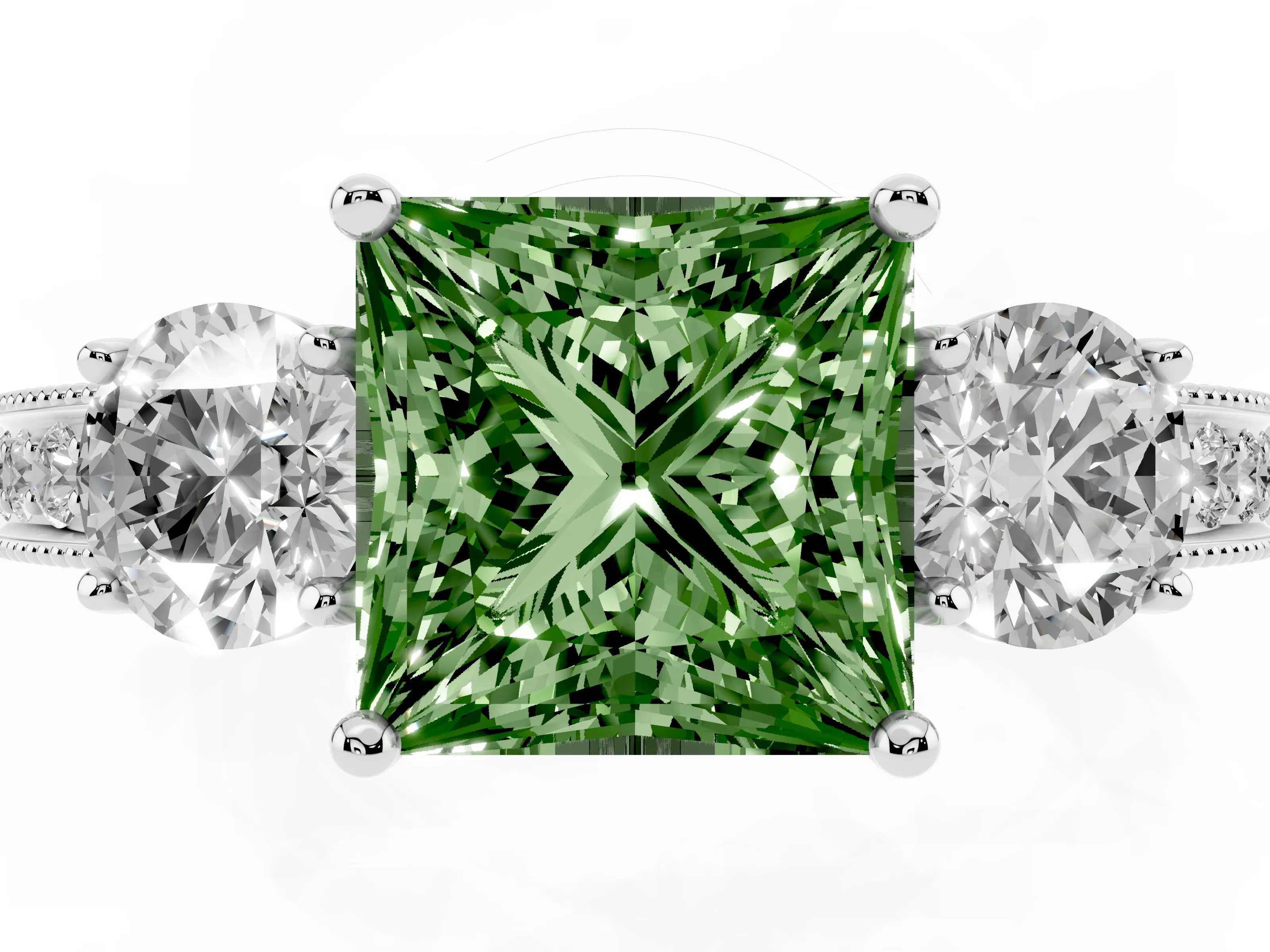 Fancy Green Princess Cut Diamond Three-Stone Ring Set in Platinum with Round Side Stones and Pavé Band