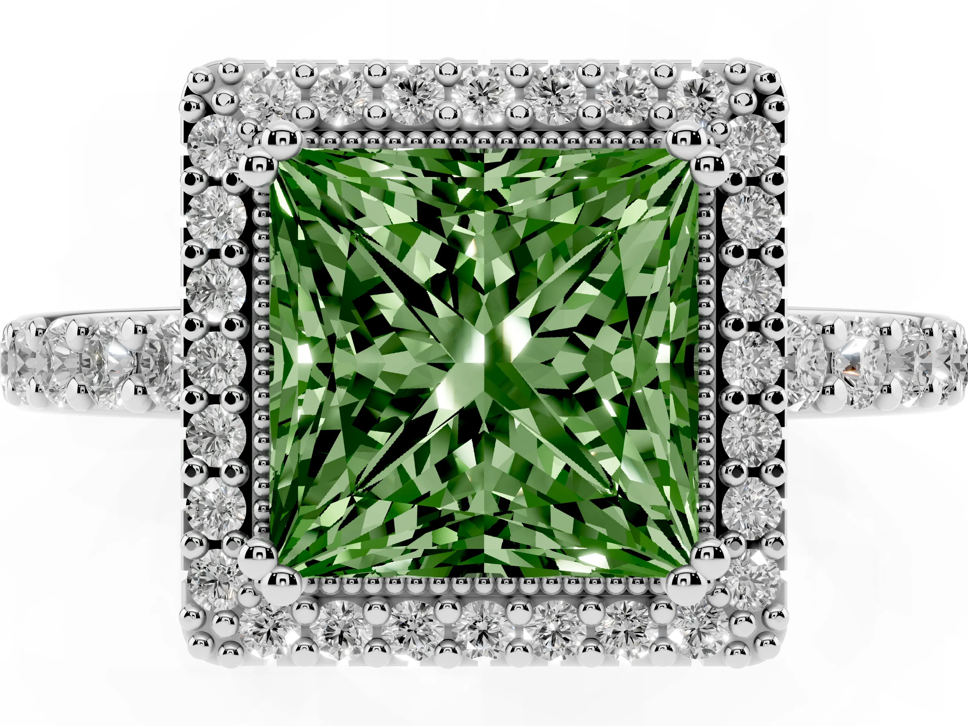 Fancy Green Princess Cut Diamond Halo Engagement Ring Set in White gold with Milgrain Detail and Pavé Band