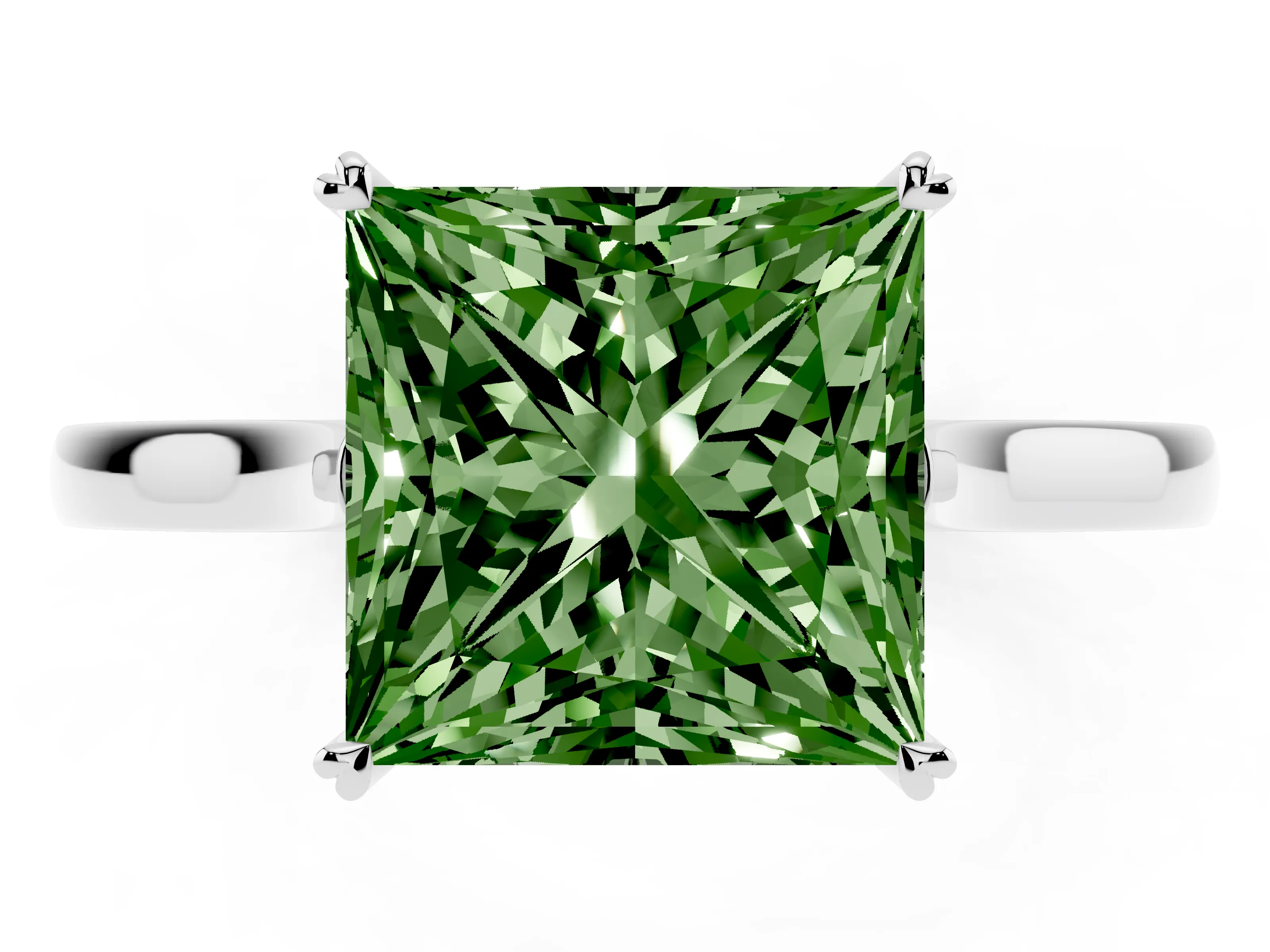 Fancy Green Princess Cut Diamond Solitaire Heart Prong Engagement Ring Set in White gold with Tapered Band