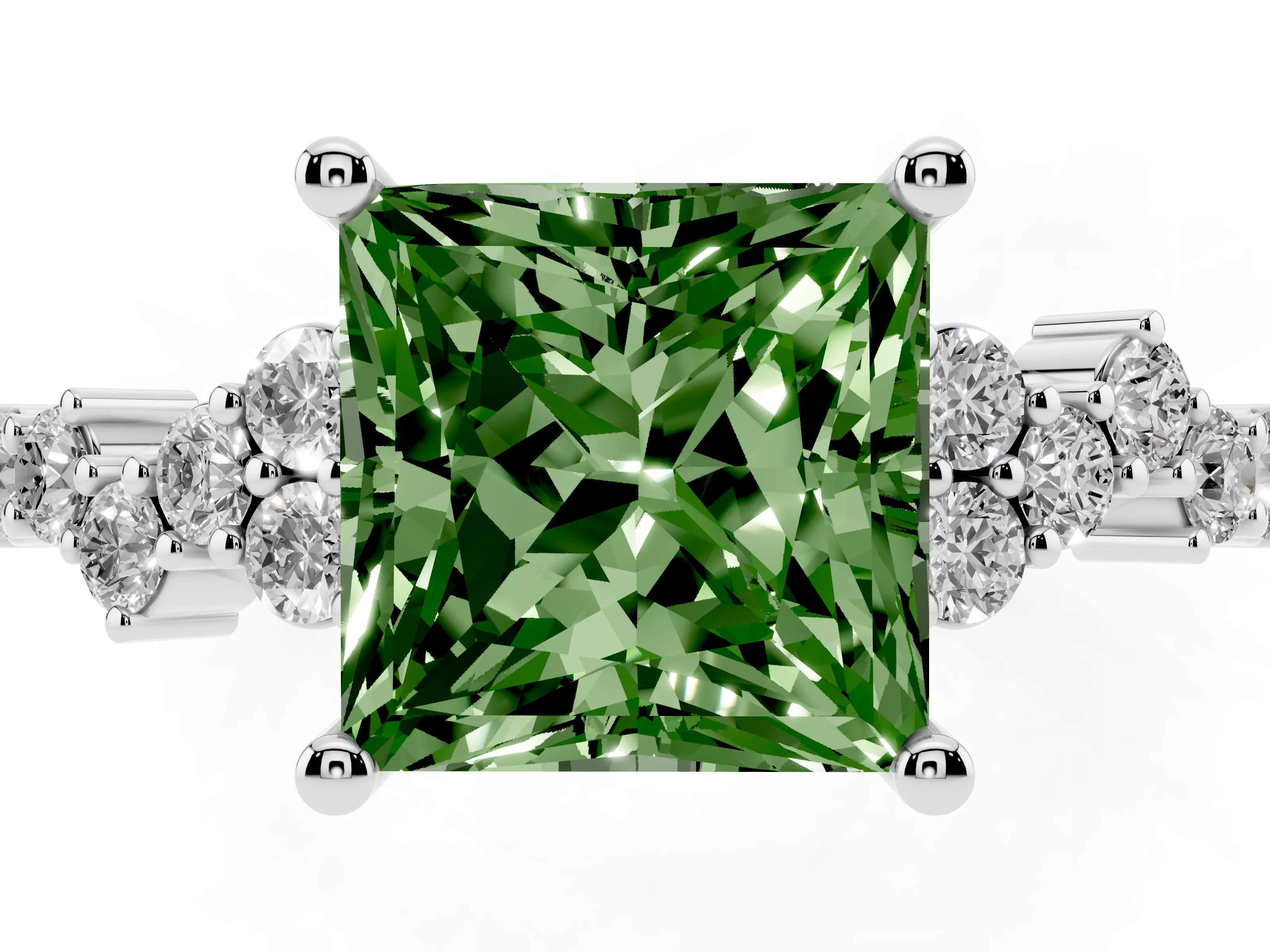 Fancy Green Princess Cut Diamond Ring Set in Platinum with Scattered Round Accents
