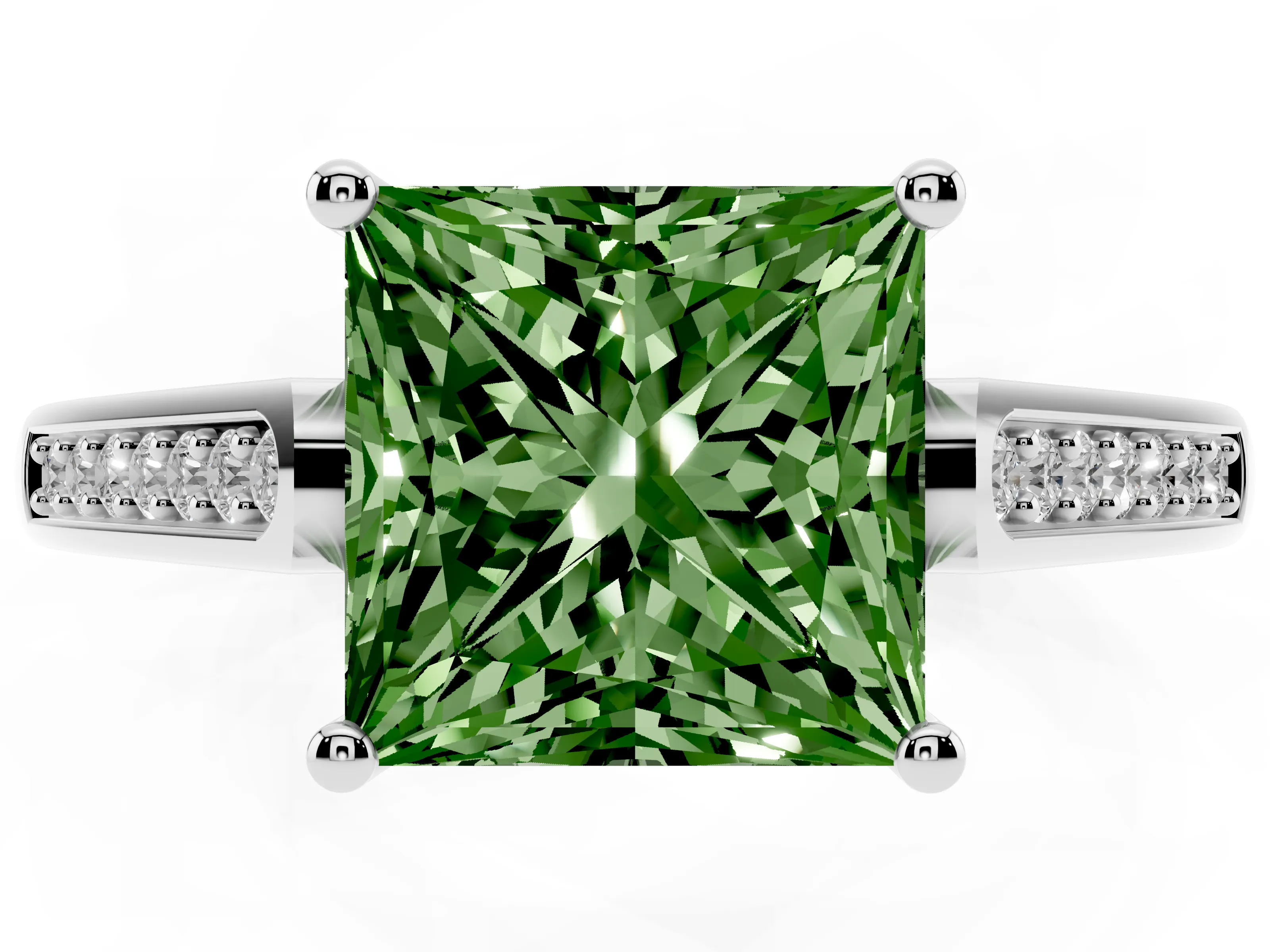 Fancy Green Princess Cut Diamond Solitaire Cathedral Engagement Ring Set in Platinum with Channel-Set Band and Prong Setting