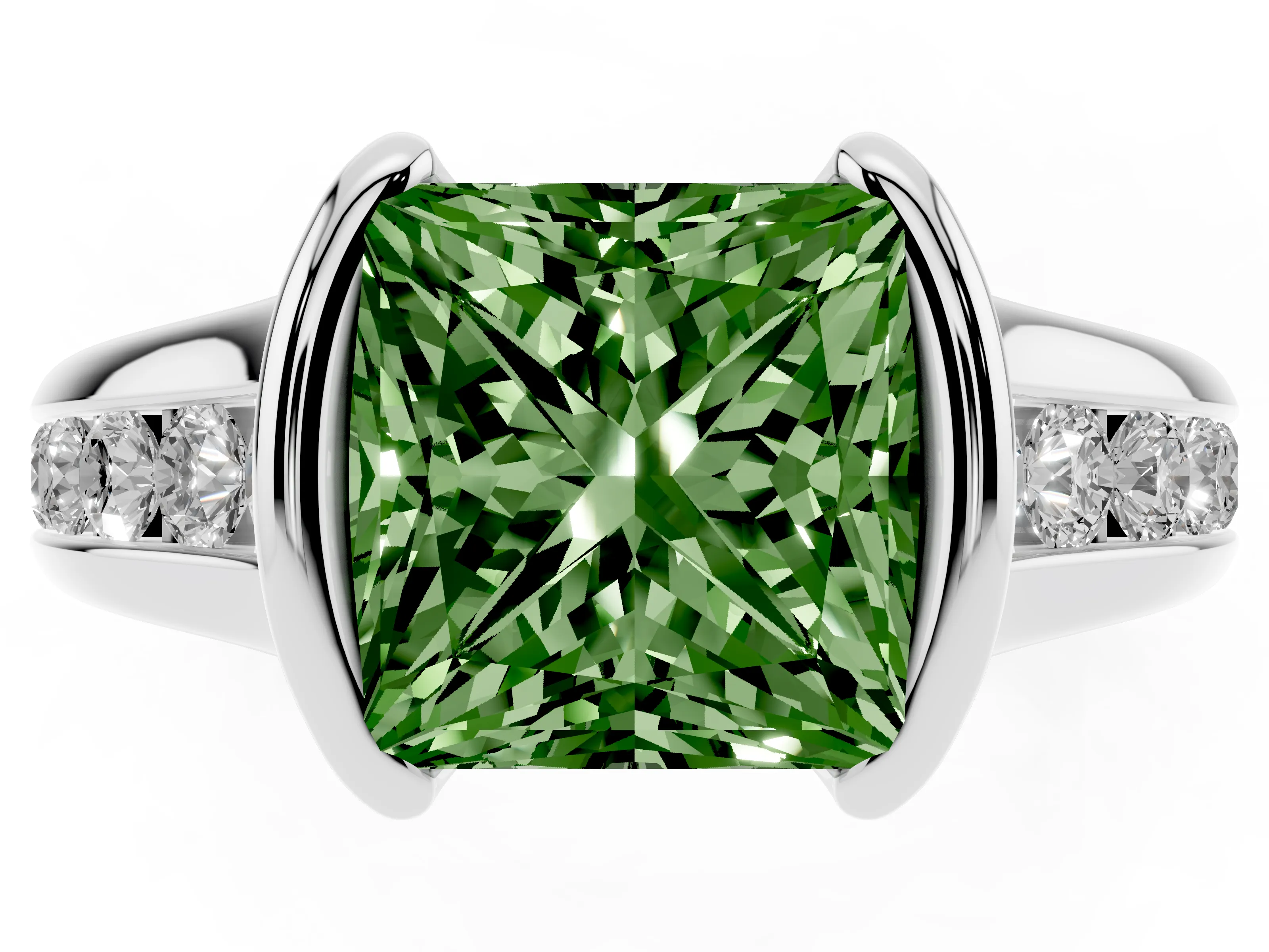Fancy Green Princess Cut Diamond Bezel-Set Solitaire Ring Set in Silver with Channel-Set Band