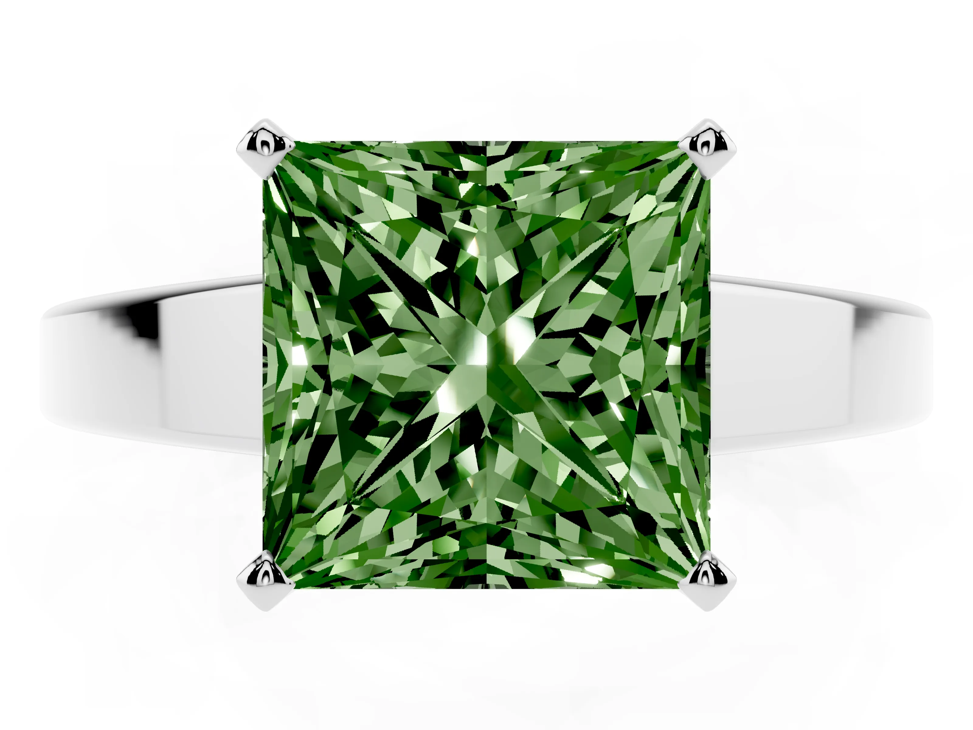 Fancy Green Princess Cut Diamond Solitaire Engagement Ring Set in White gold with Prong Setting and Tapered Band