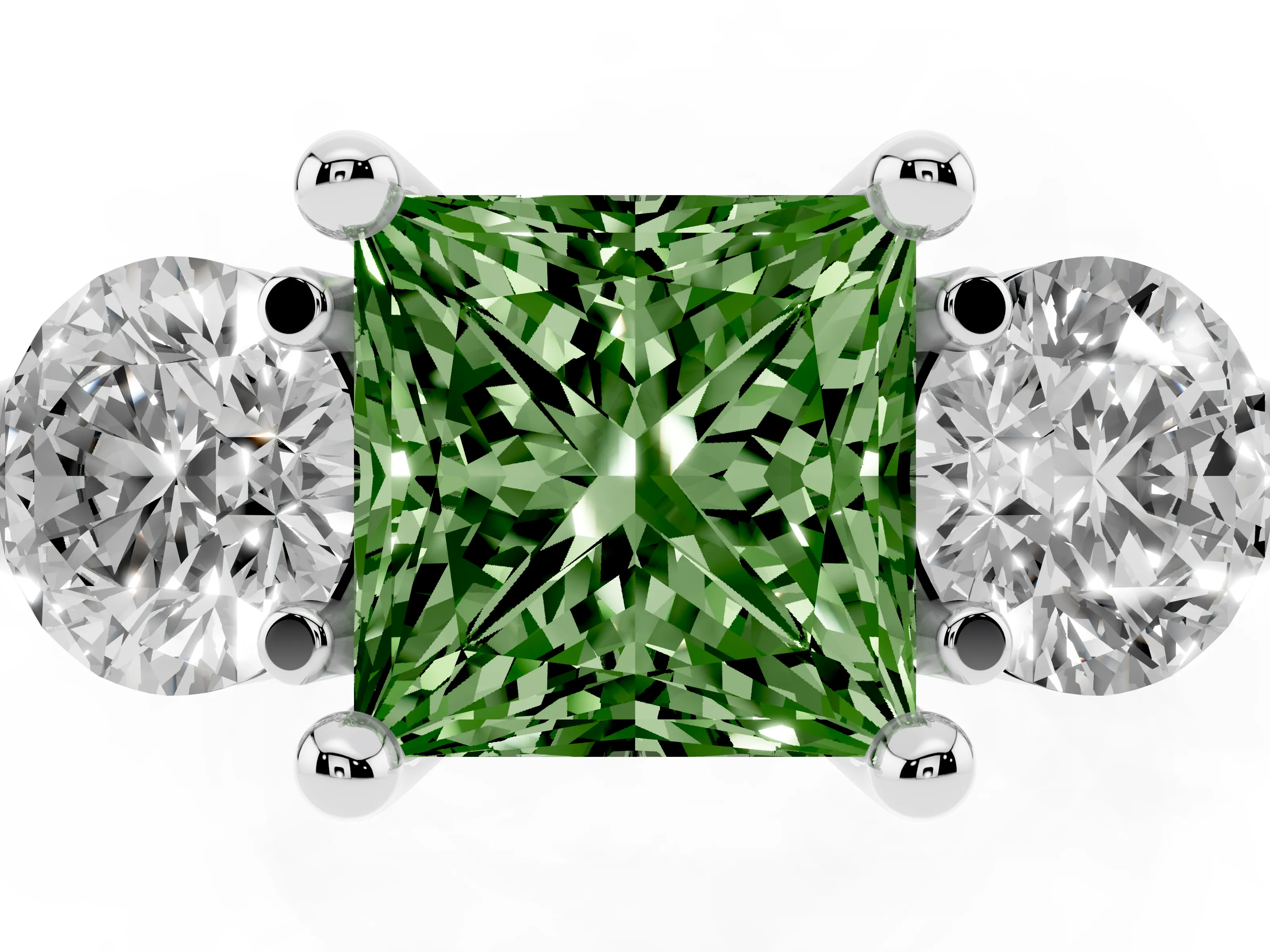 Fancy Green Princess Cut Diamond Three-Stone Ring Set in White gold with Prong Setting and Classic Band