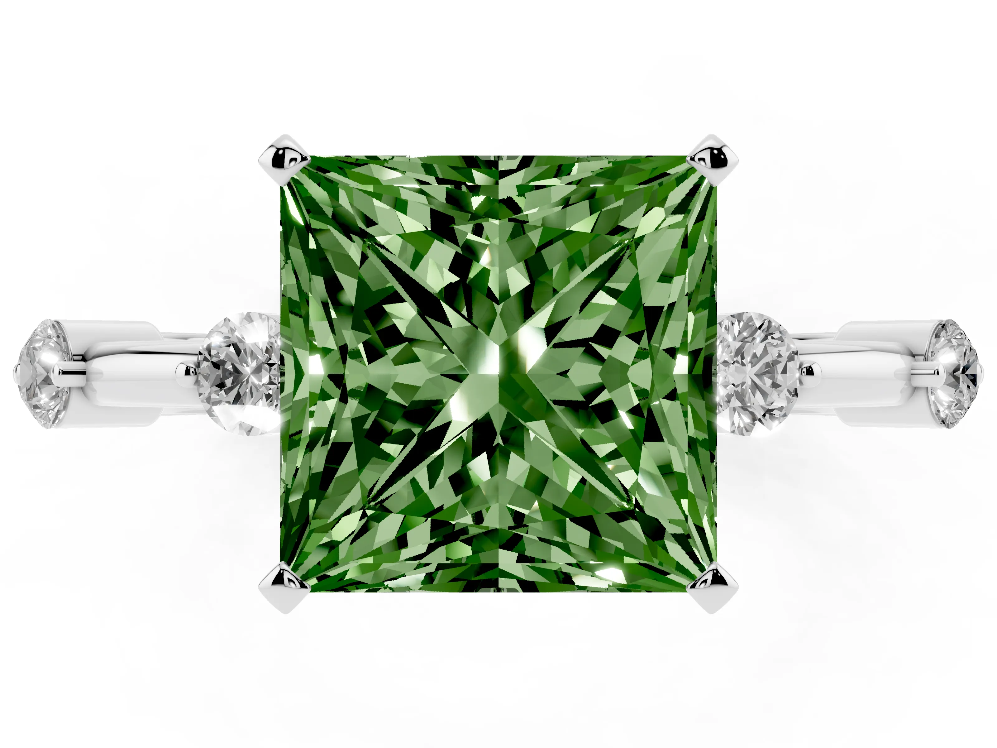 Fancy Green Princess Cut Diamond Solitaire Ring Set in Platinum with Bezel Set Side Stones and Prong Setting