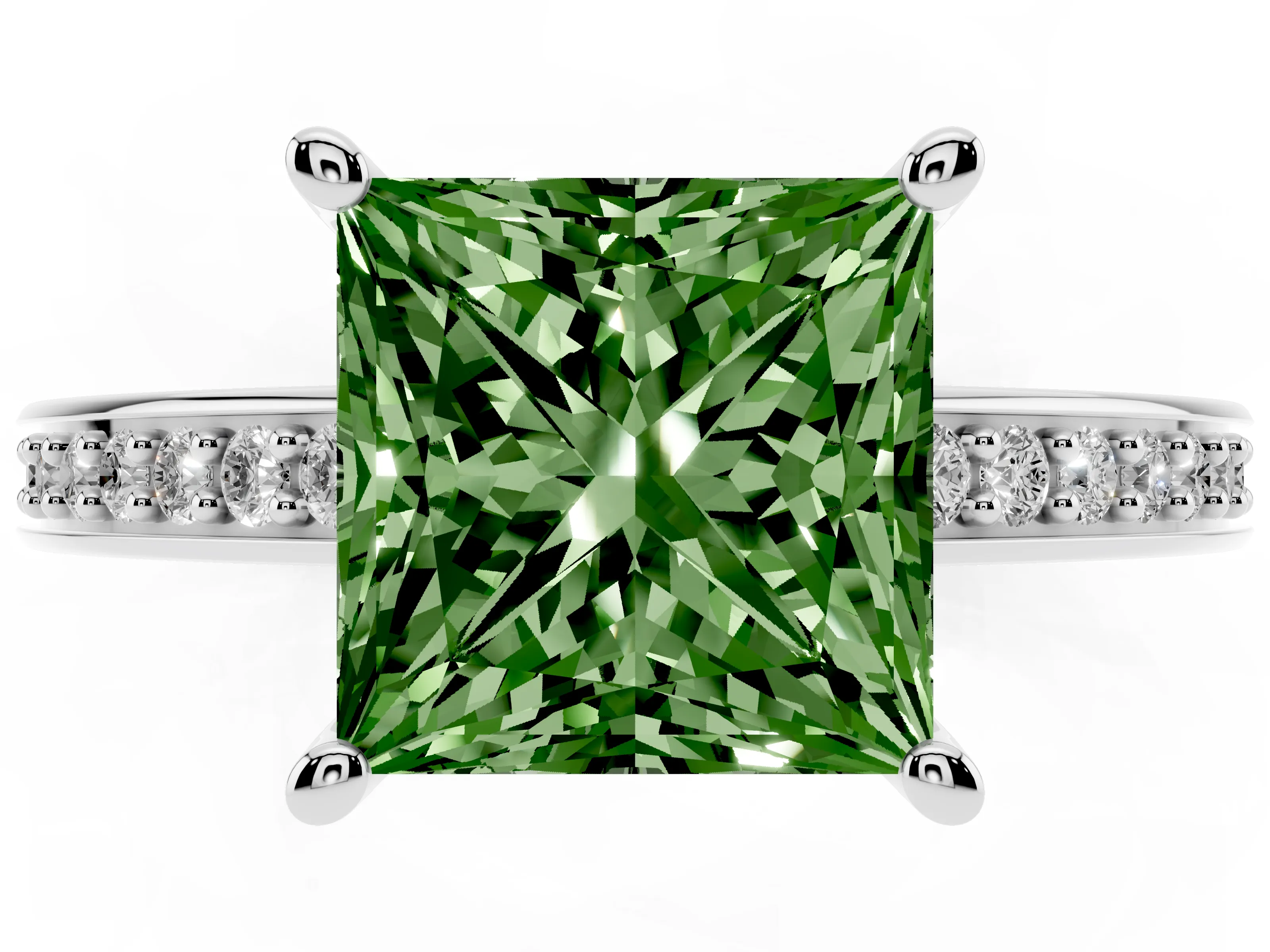 Fancy Green Princess Cut Diamond Pavé Band Prong Set Solitaire Ring Set in Silver