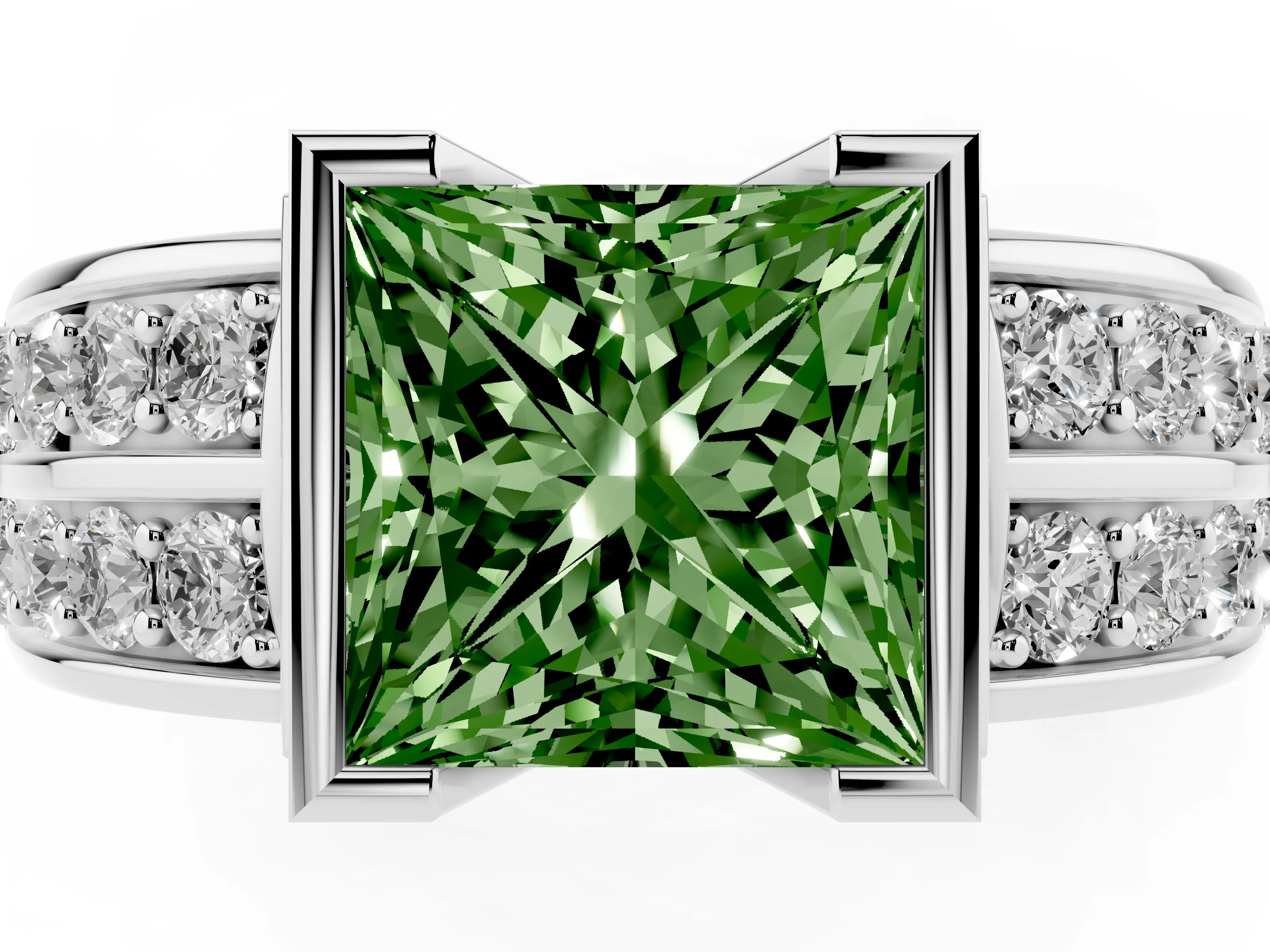 Fancy Green Princess Cut Diamond Wide Channel Set Band Ring Set in Silver with Bezel Setting