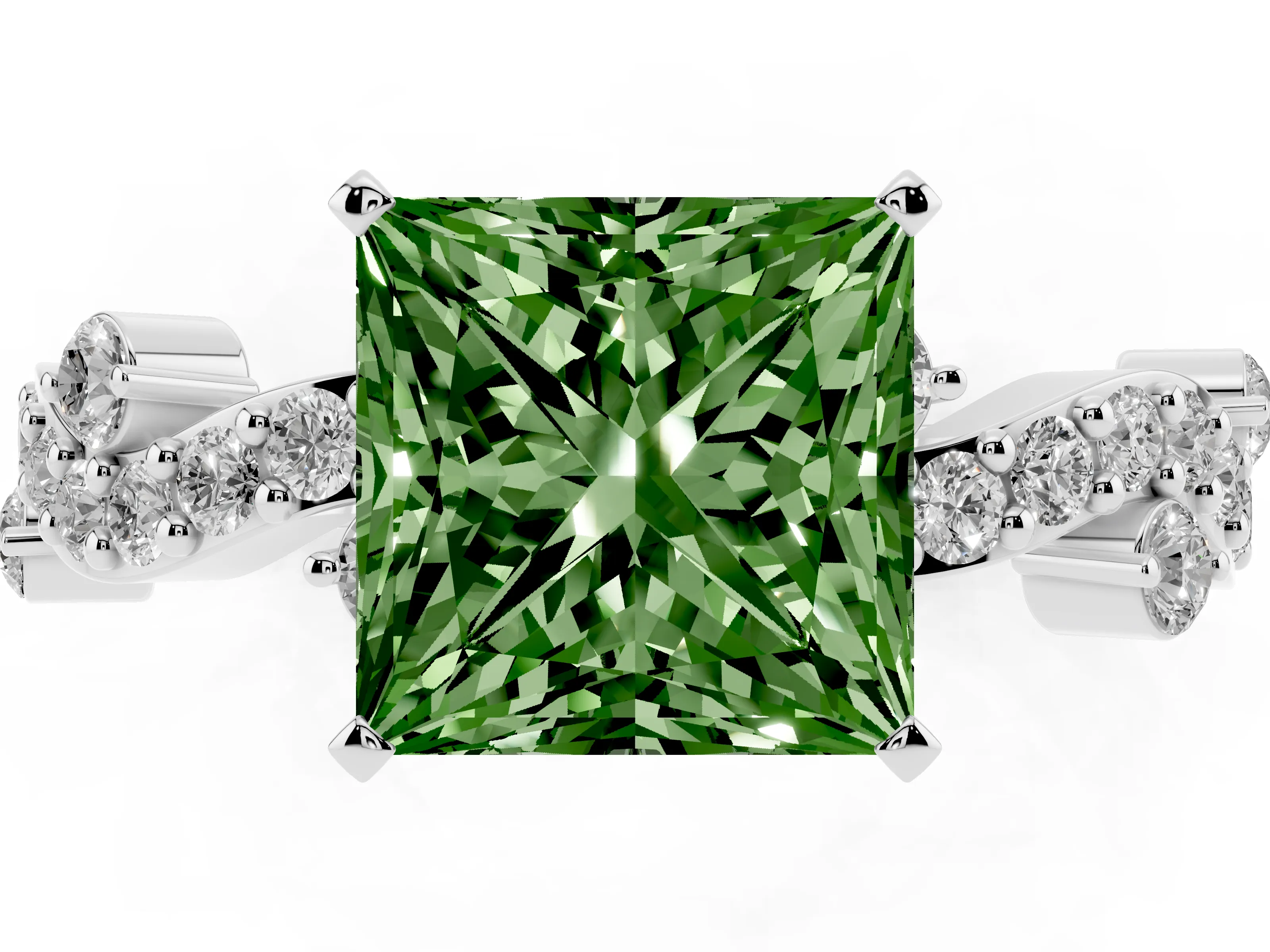 Fancy Green Princess Cut Diamond Solitaire Twisted Band Set in Platinum with Pavé Setting