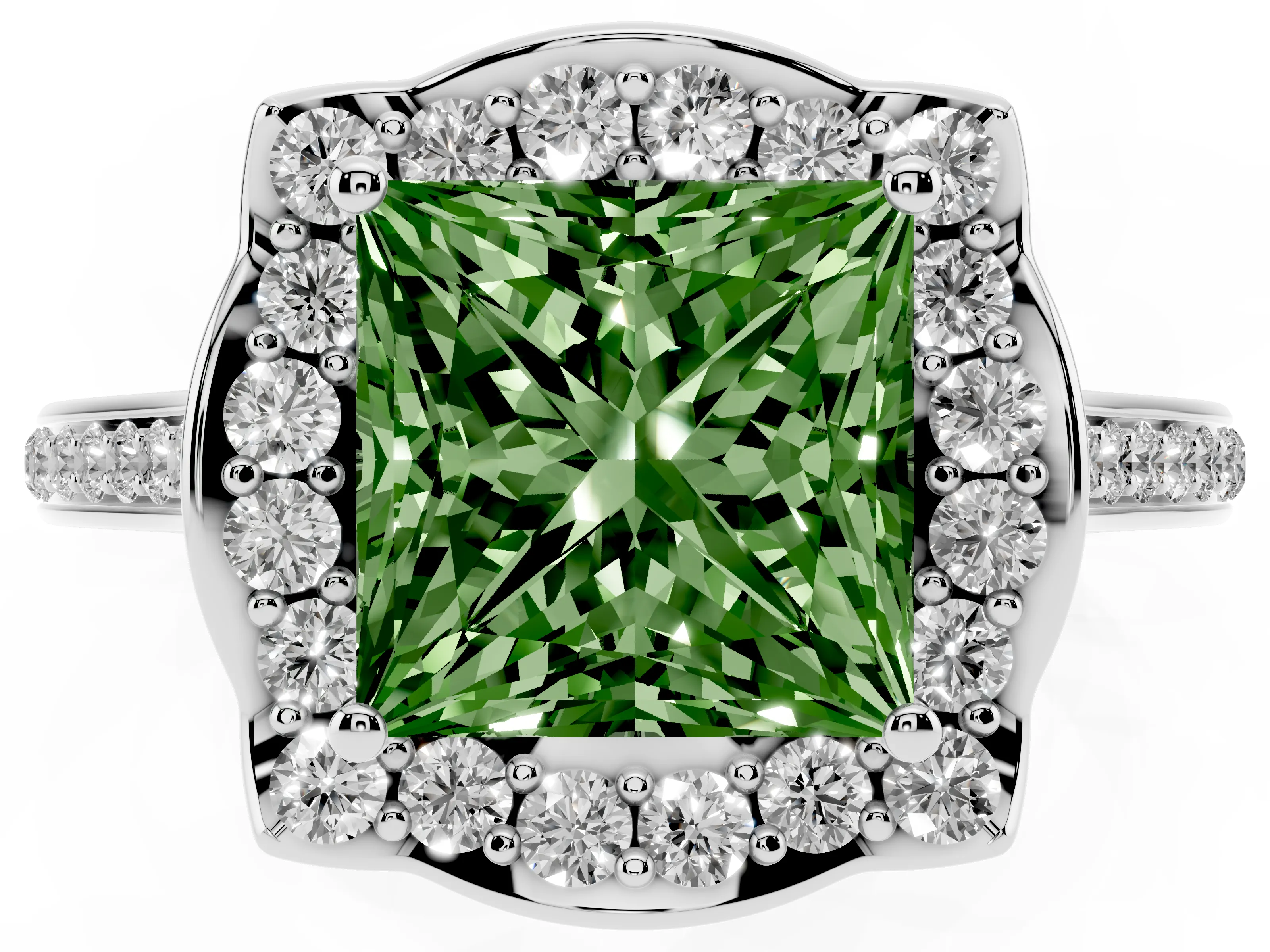 Fancy Green Princess Cut Diamond Halo Ring Set in White gold with Pavé-Lined Shoulders and Prong Setting