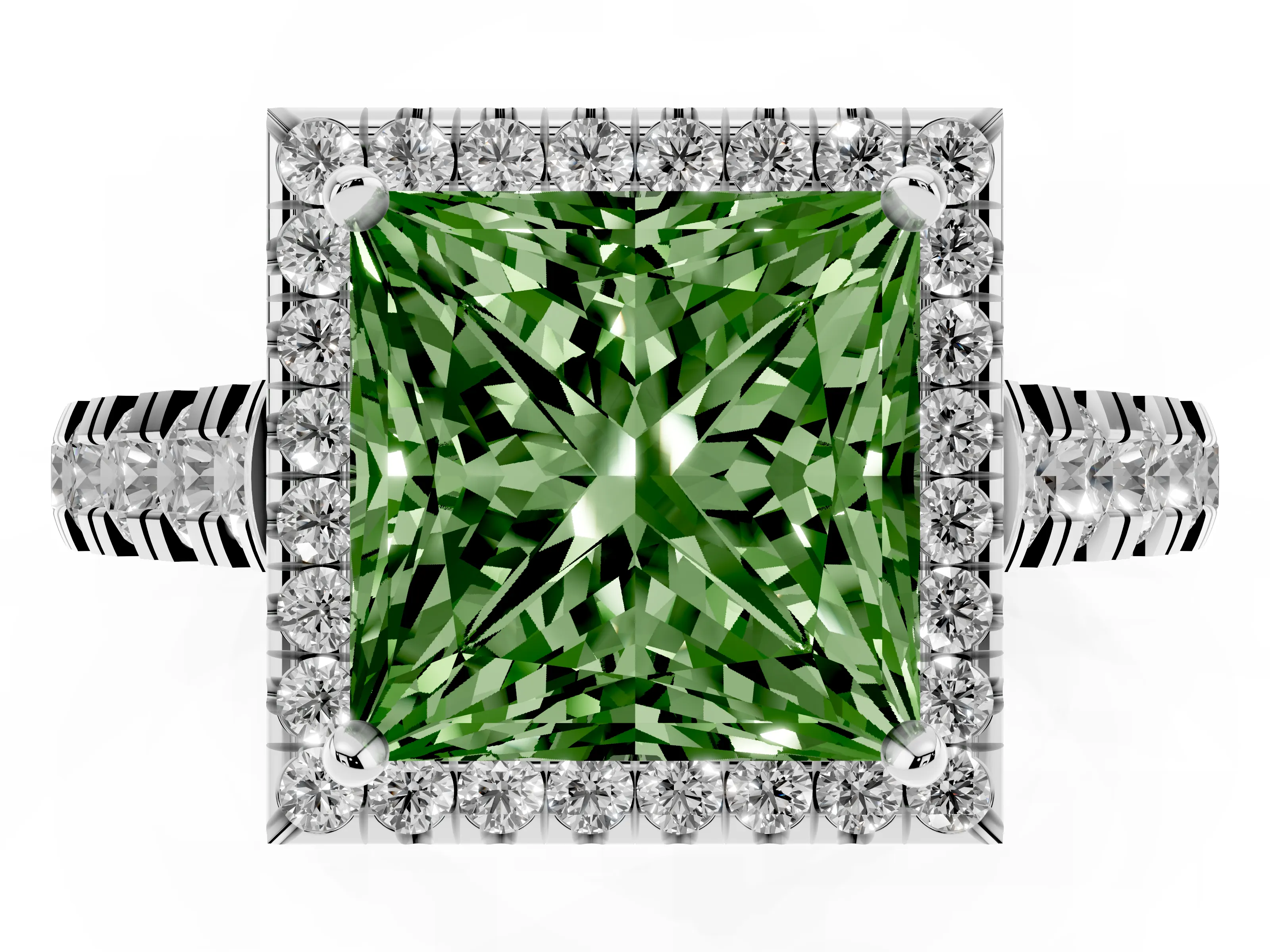 Fancy Green Princess Cut Diamond Halo Engagement Ring Set in Platinum with Pavé Band and Prong-Set Center