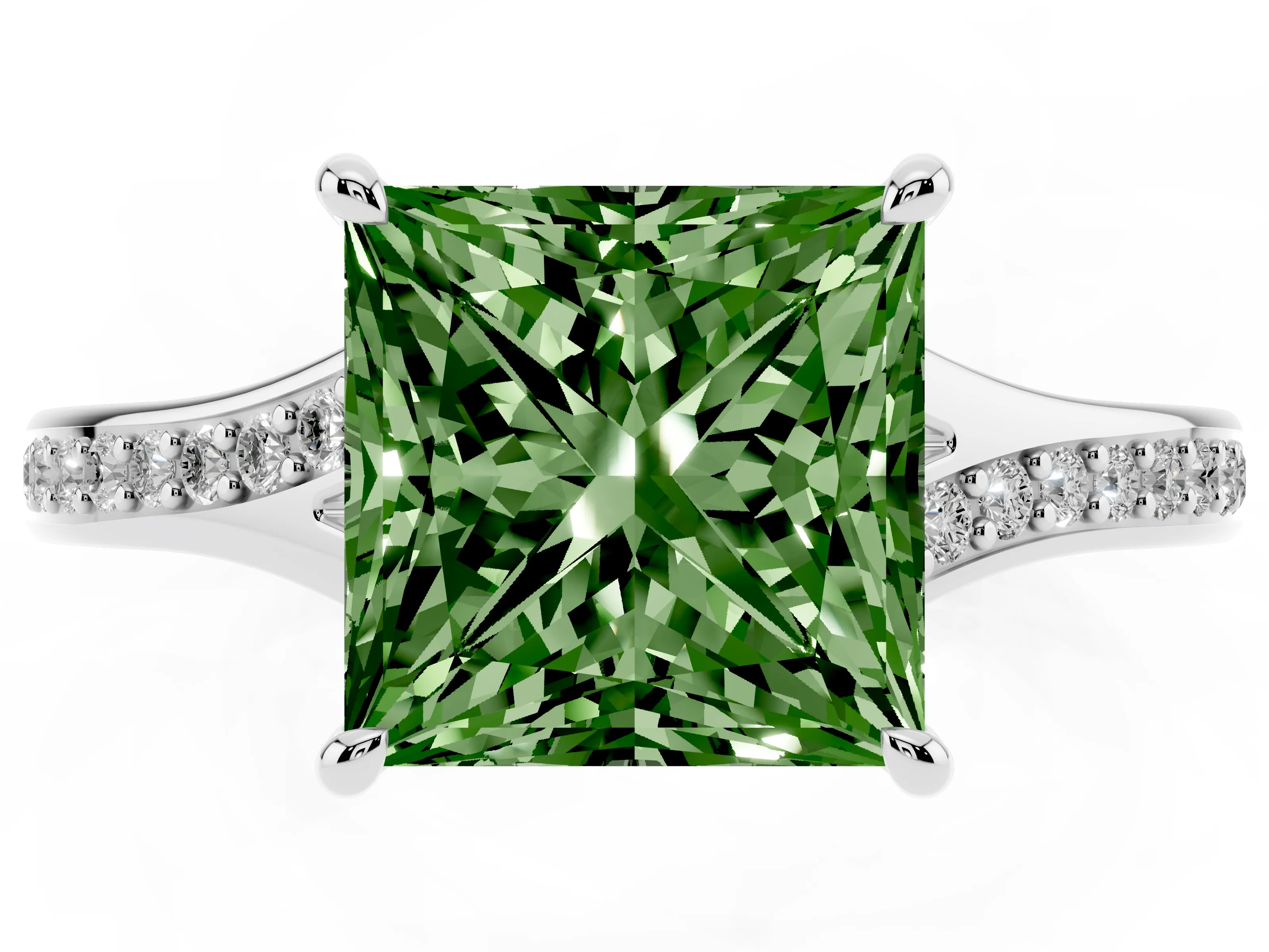 Fancy Green Princess Cut Diamond Solitaire Ring Set in Silver with Pavé Accent Band and Classic Prong Setting