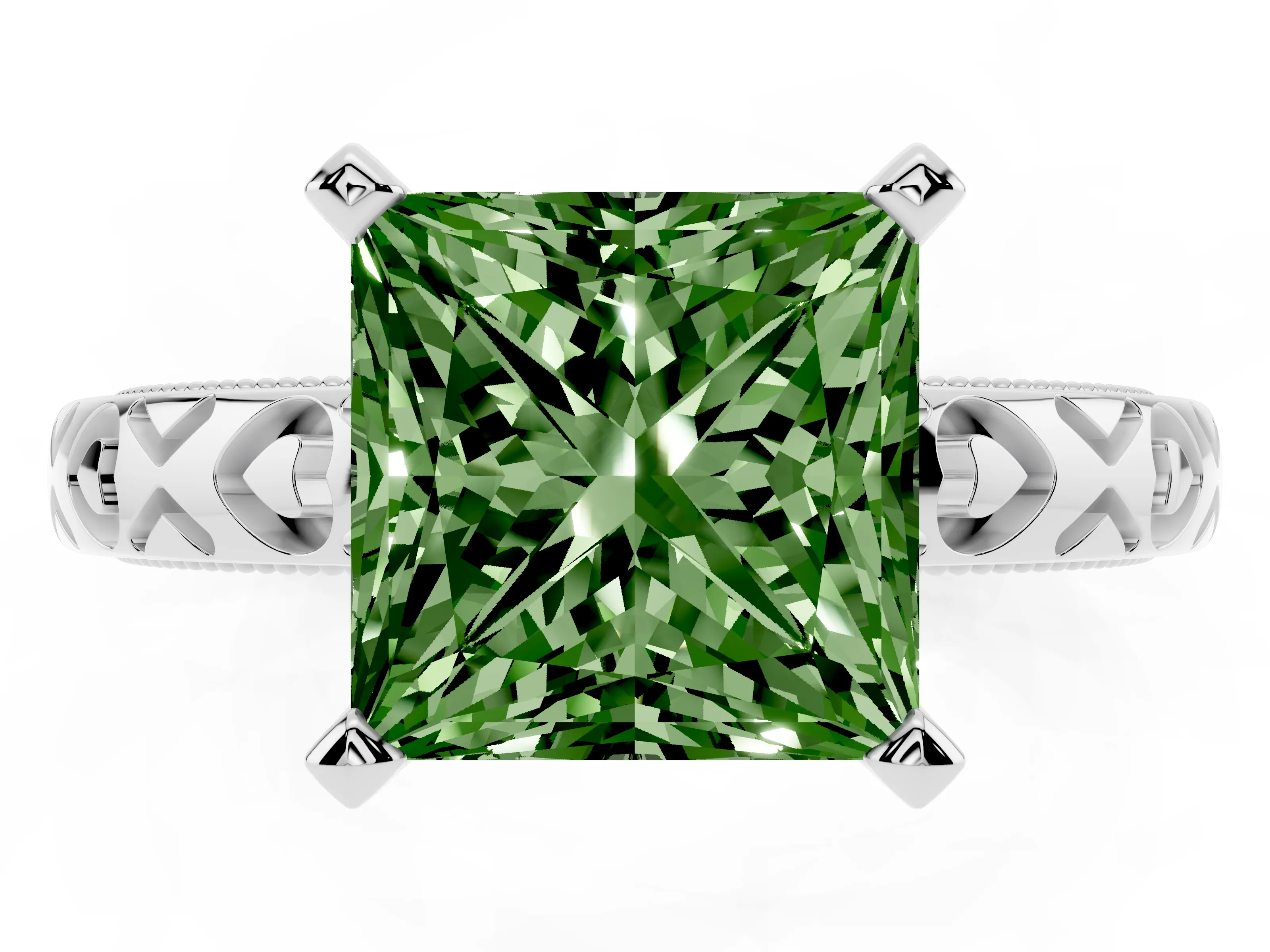 Fancy Green Princess Cut Diamond Solitaire Engagement Ring Set in White gold with XO Engraved Band and Prong Setting