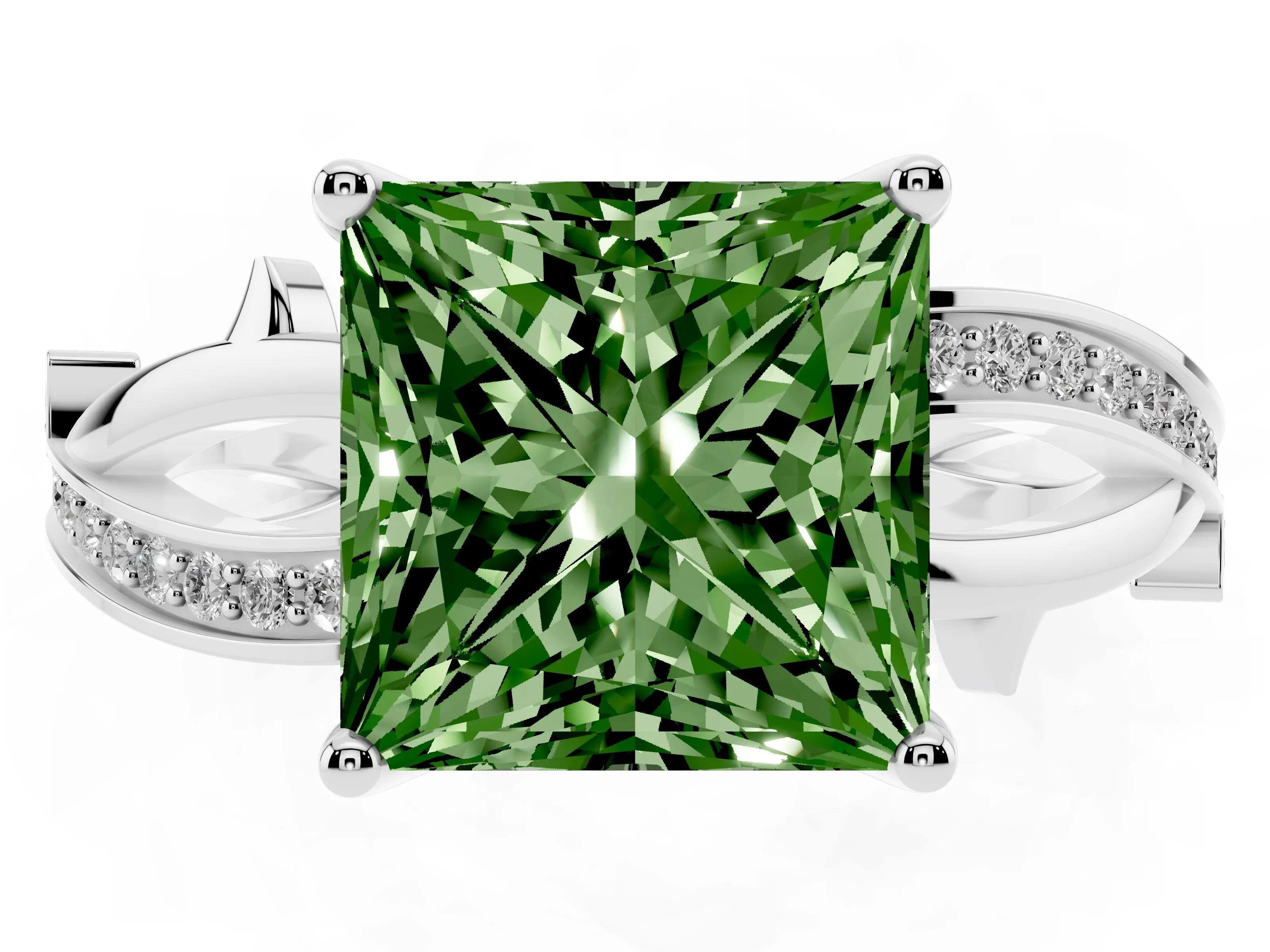 Fancy Green Princess Cut Diamond Pavé Twist Band Solitaire Ring Set in Silver with Prong Setting