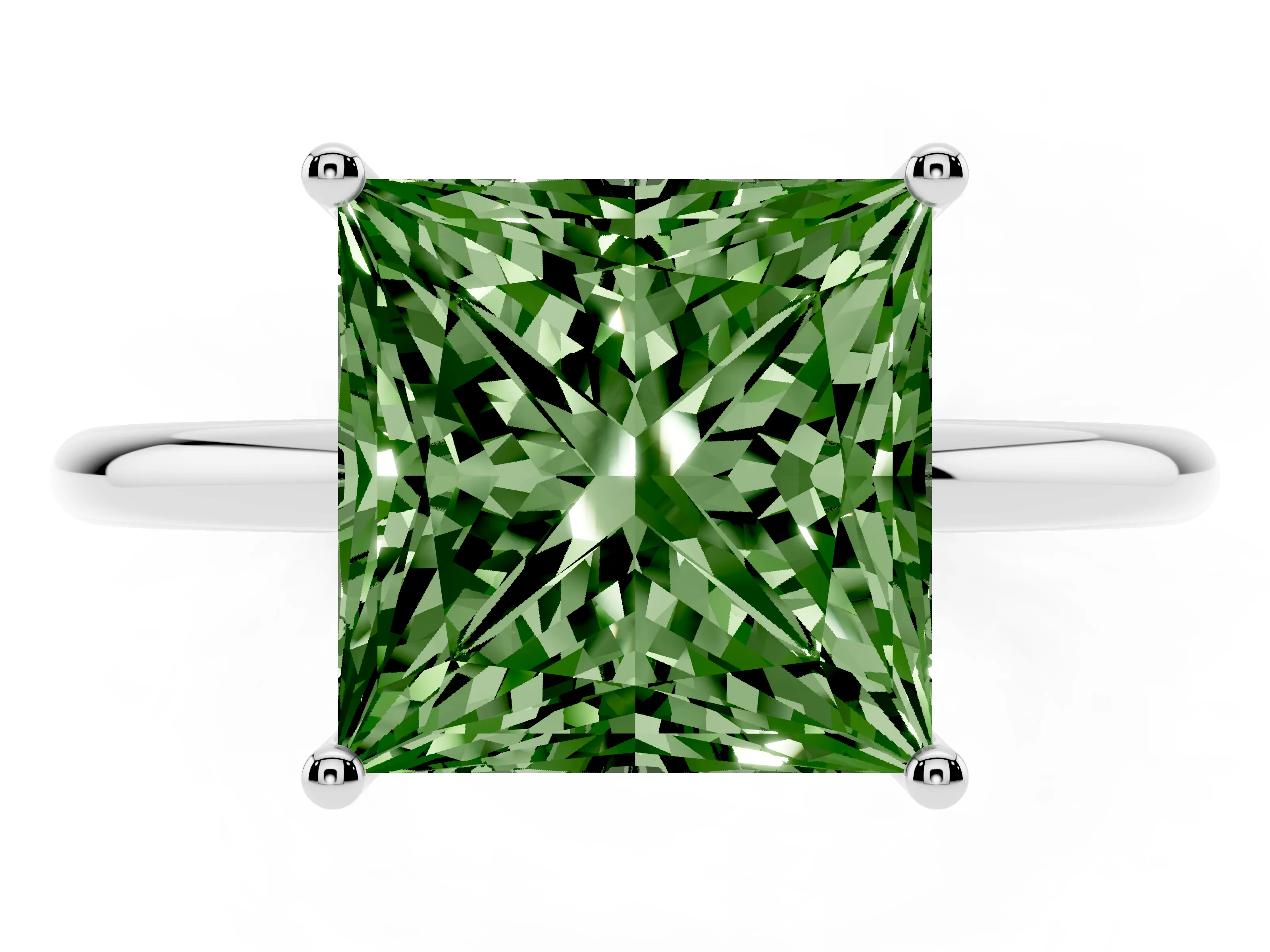 Fancy Green Princess Cut Diamond Solitaire Engagement Ring Set in Silver with Thin Band and Prong Setting