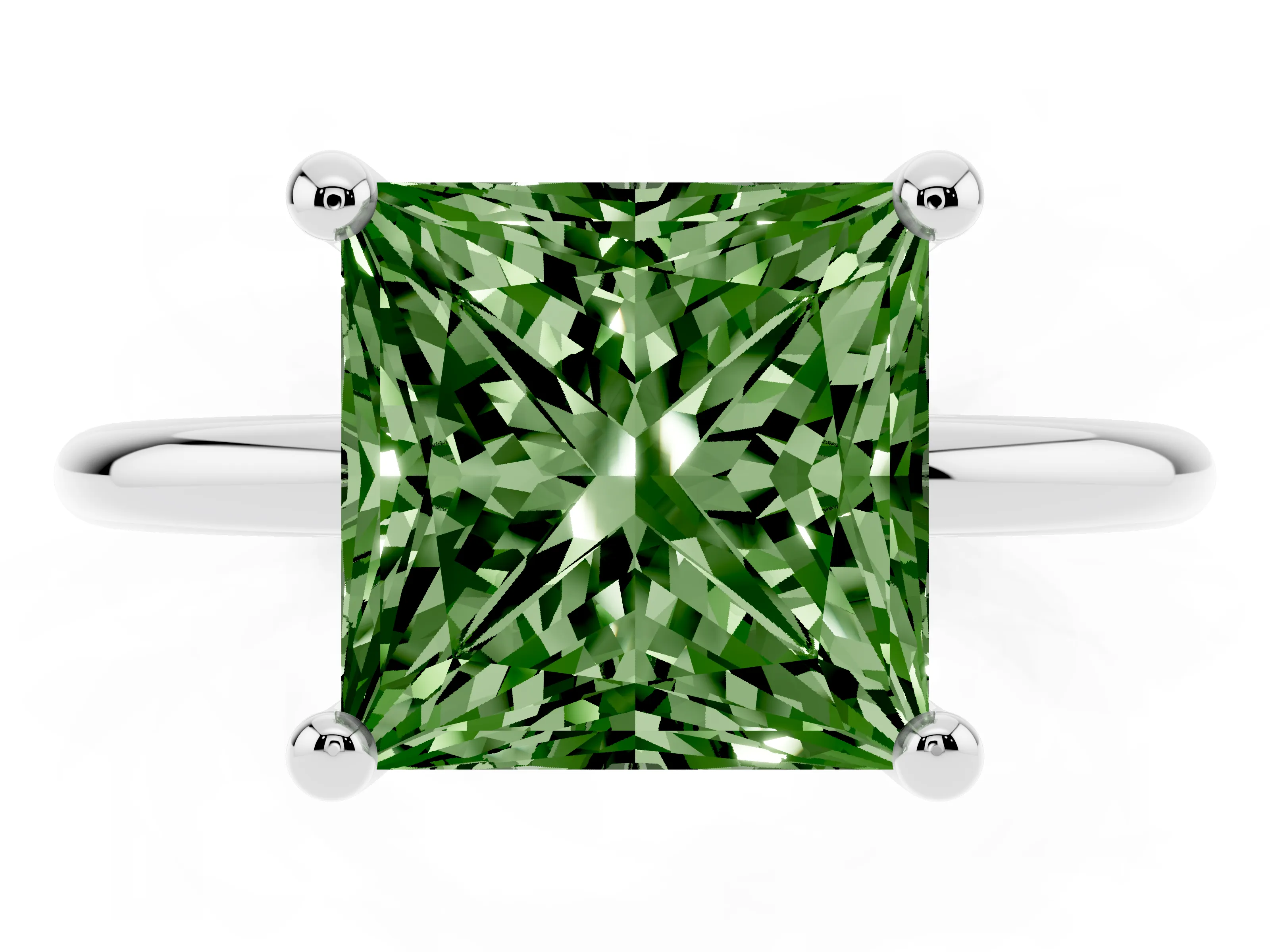 Fancy Green Princess Cut Diamond Solitaire Ring Set in White gold with Secure Prong Setting on a Classic Band