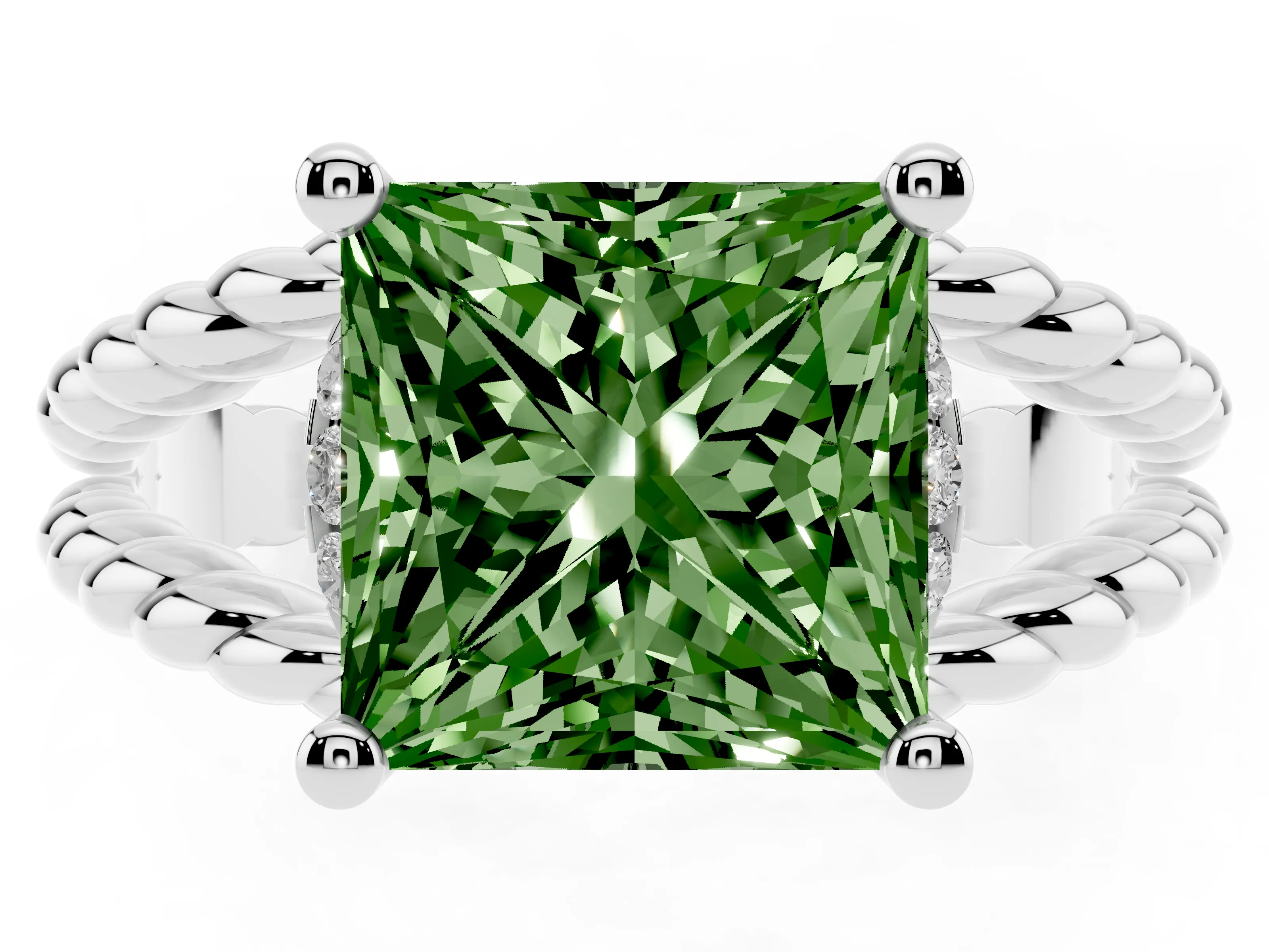 Fancy Green Princess Cut Diamond Halo Ring Set in White gold with Twisted Band and Prong Setting
