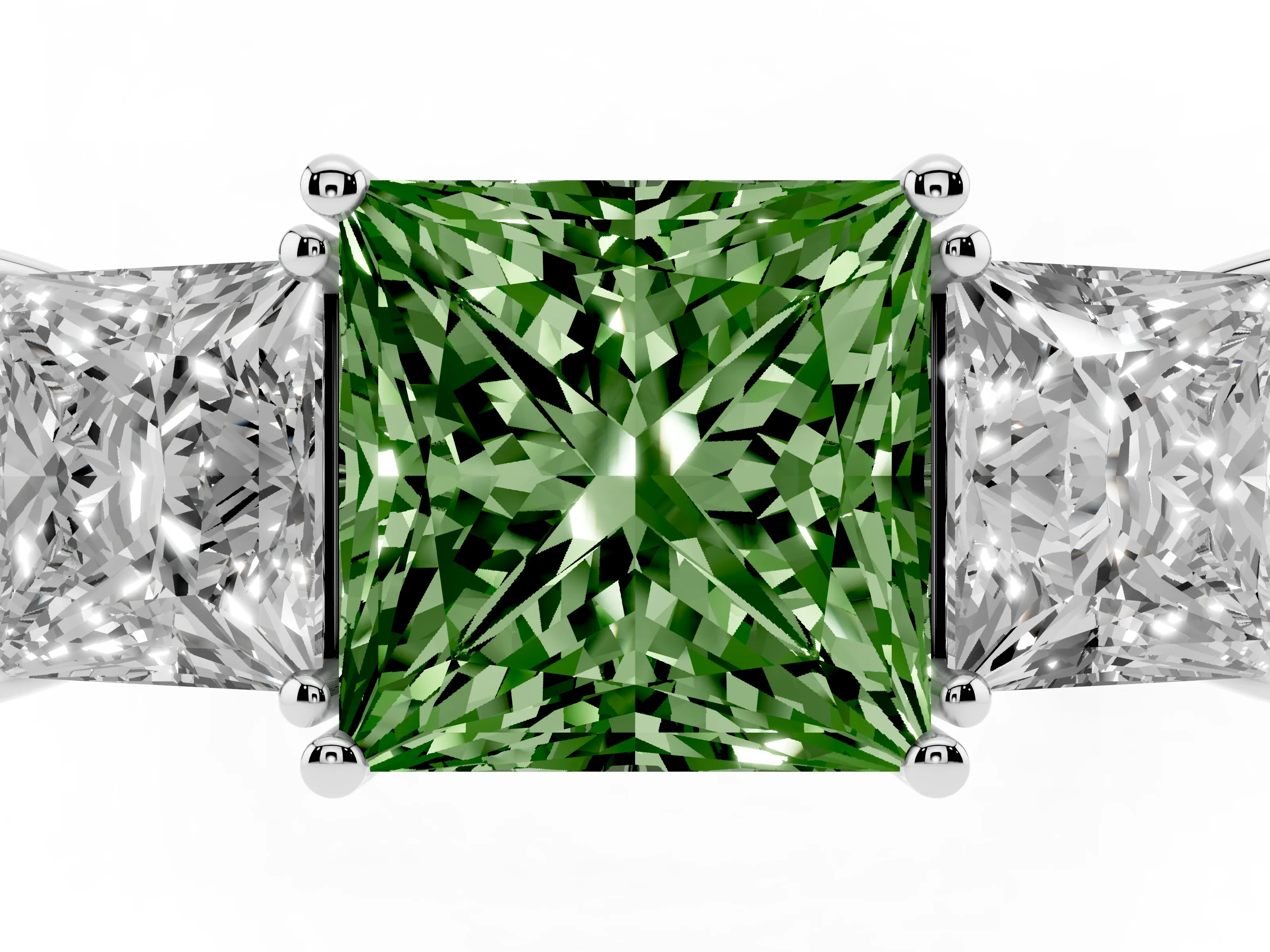 Fancy Green Princess Cut Diamond Three-Stone Engagement Ring Set in Platinum with Flat Band