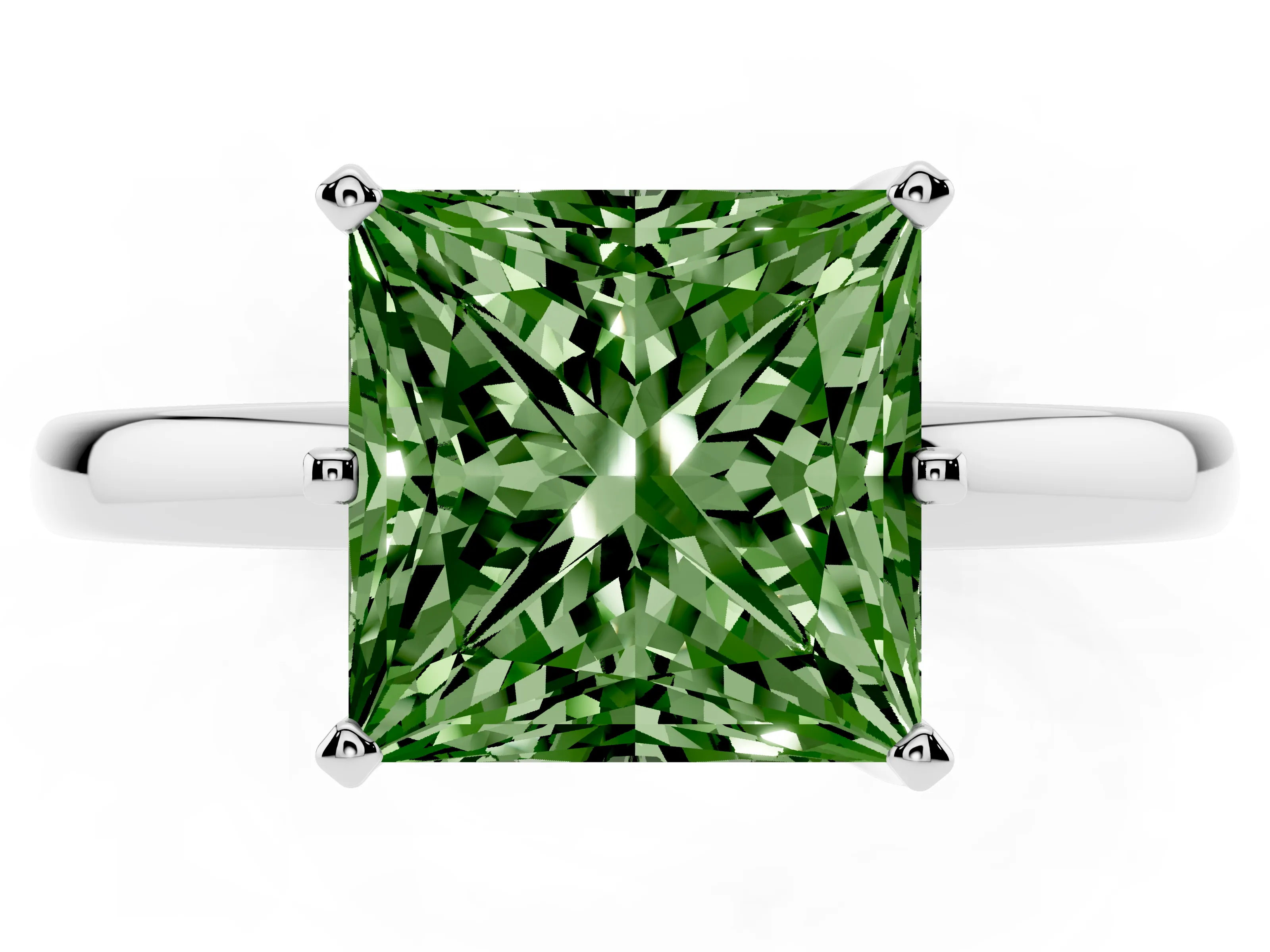 Fancy Green Princess Cut Diamond Solitaire Ring Set in White gold with Raised Prong Setting on a Classic Band