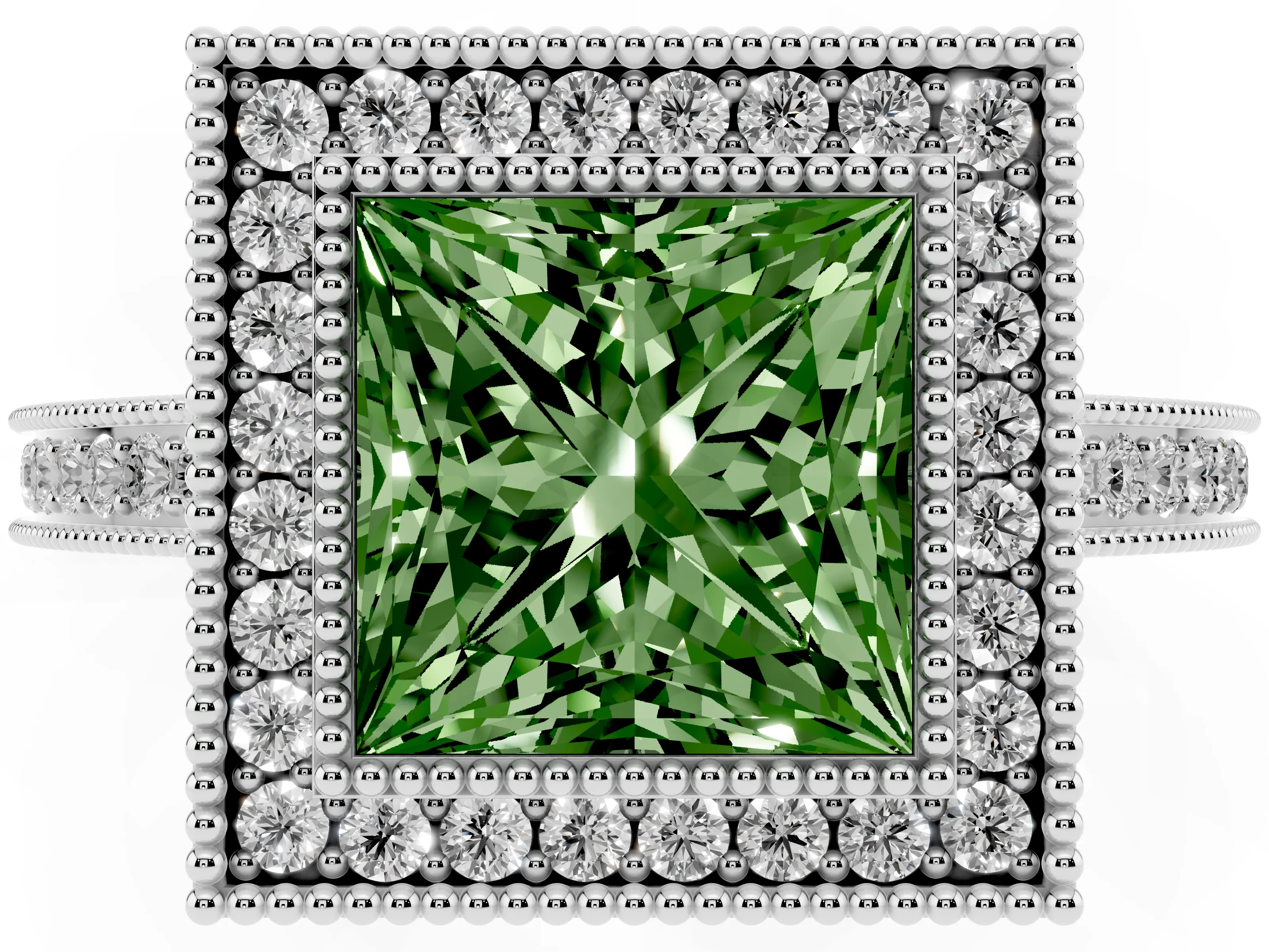 Fancy Green Princess Cut Diamond Halo Ring Set in White gold with Pavé Band and Milgrain-Edged Prongs